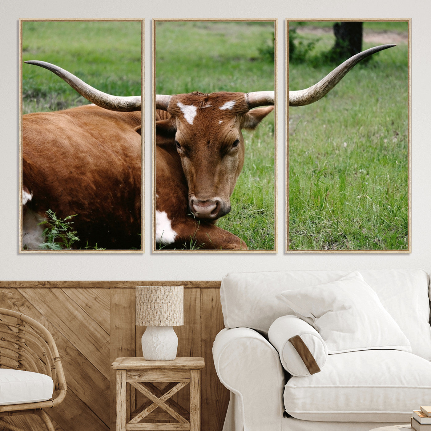 45997-MGV-CV-36X24-Longhorn Steer Canvas Wall Art – Rustic Nature Triptych Decor for Living Room or Office – Ready to Hang