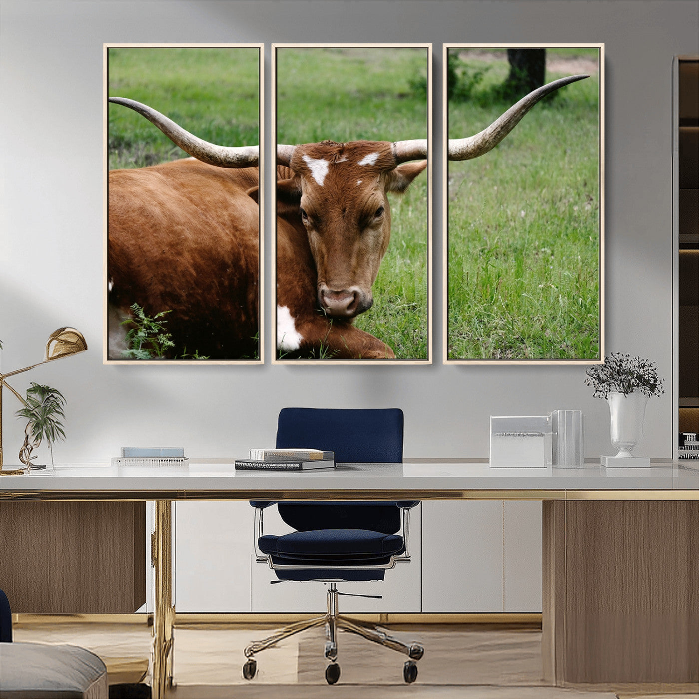 MGV-FC-48X32-3P - Longhorn Cow Animal Wall Art Canvas Print