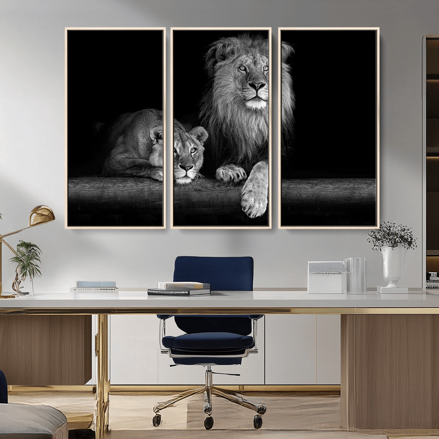MGV-FC-48X32-3P - Large Black and White Lion Couple Wall Art Canvas Print