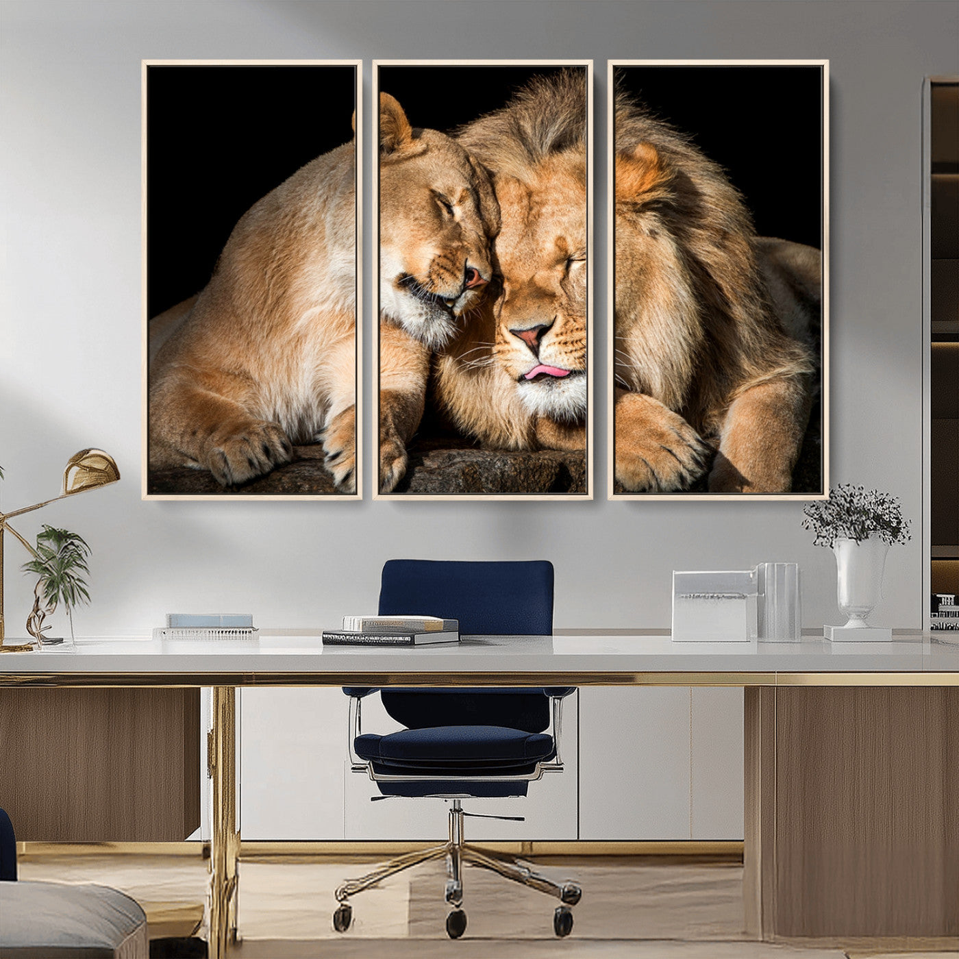 MGV-FC-48X32-3P - Lion and Lioness Wall Art Print Canvas | 3-Panel African Wildlife Canvas Print | Animal-Themed Art