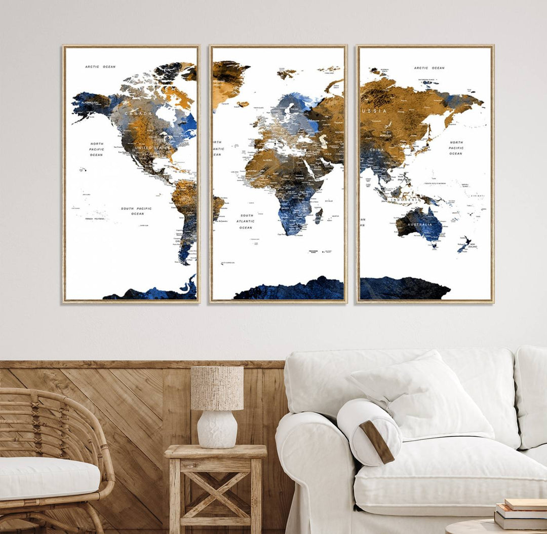 The Triptych Modern World Map Canvas in blue and brown is an ideal global decor piece for enhancing living rooms or offices. It comes ready to hang.