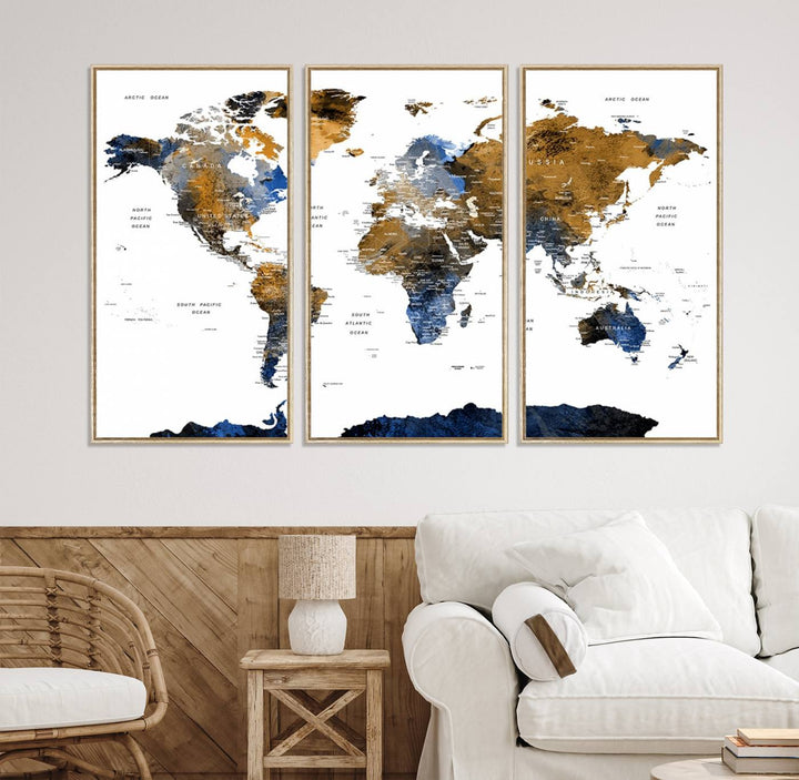 The Triptych Modern World Map Canvas in blue and brown is an ideal global decor piece for enhancing living rooms or offices. It comes ready to hang.