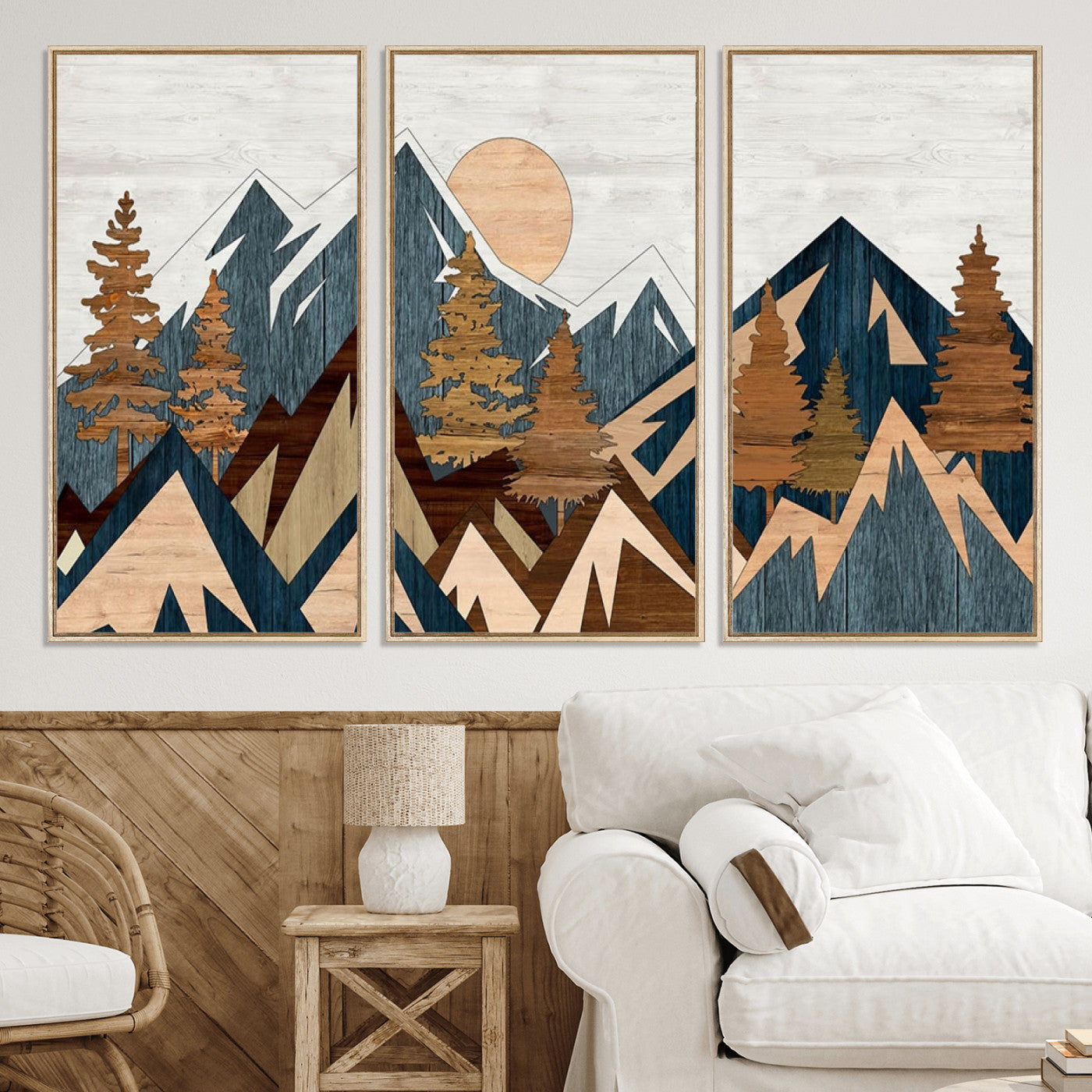91467-MGV-CV-36X24-Abstract Wood Panel Effect Mountain Range Top Wall Art Canvas Print