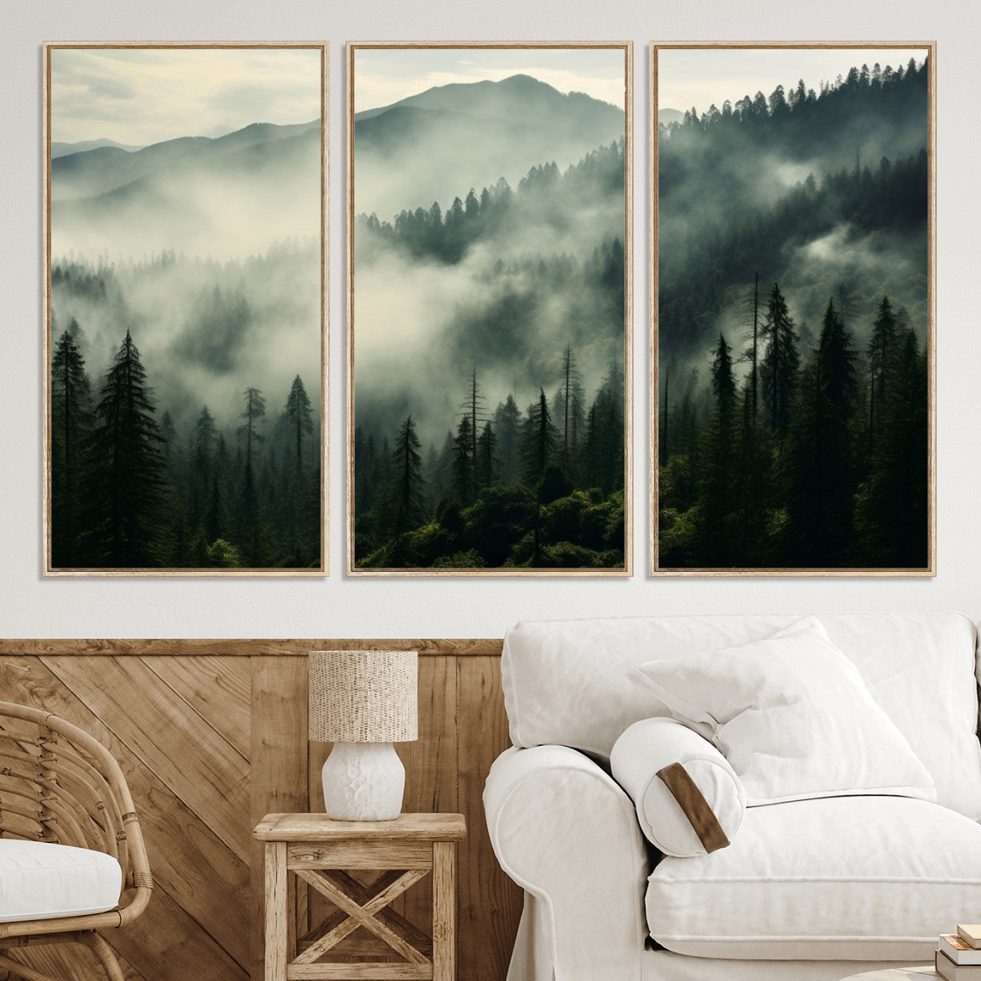 25295-MGV-CV-36X24-Captivating Misty Forest Wall Art Premium Canvas Print a Foggy and Serene Atmosphere