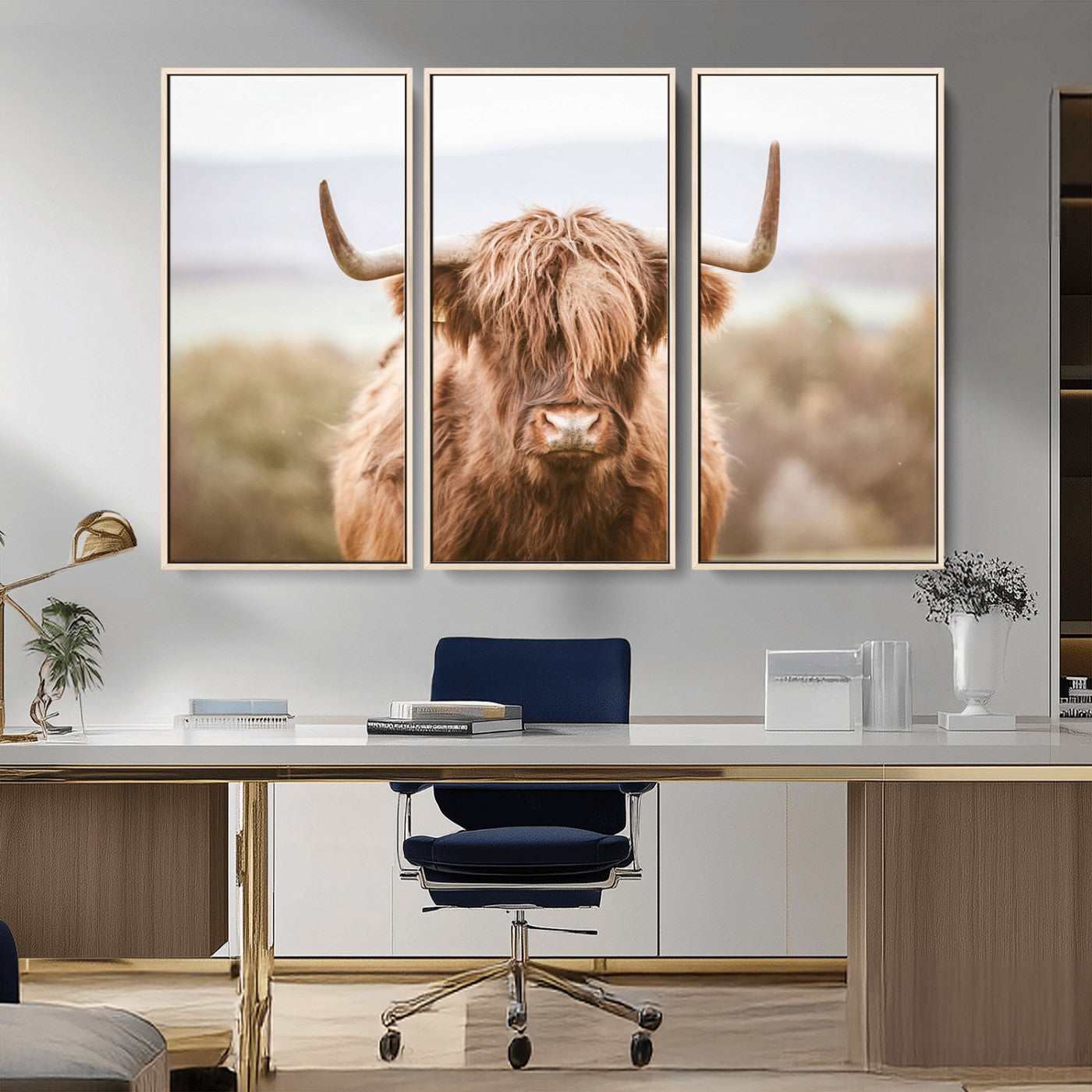 MGV-FC-48X32-3P - Scottish Serene Highland Cow Canvas Wall Art – Serene Highland Cow in Natural Pastel Tones – Ready