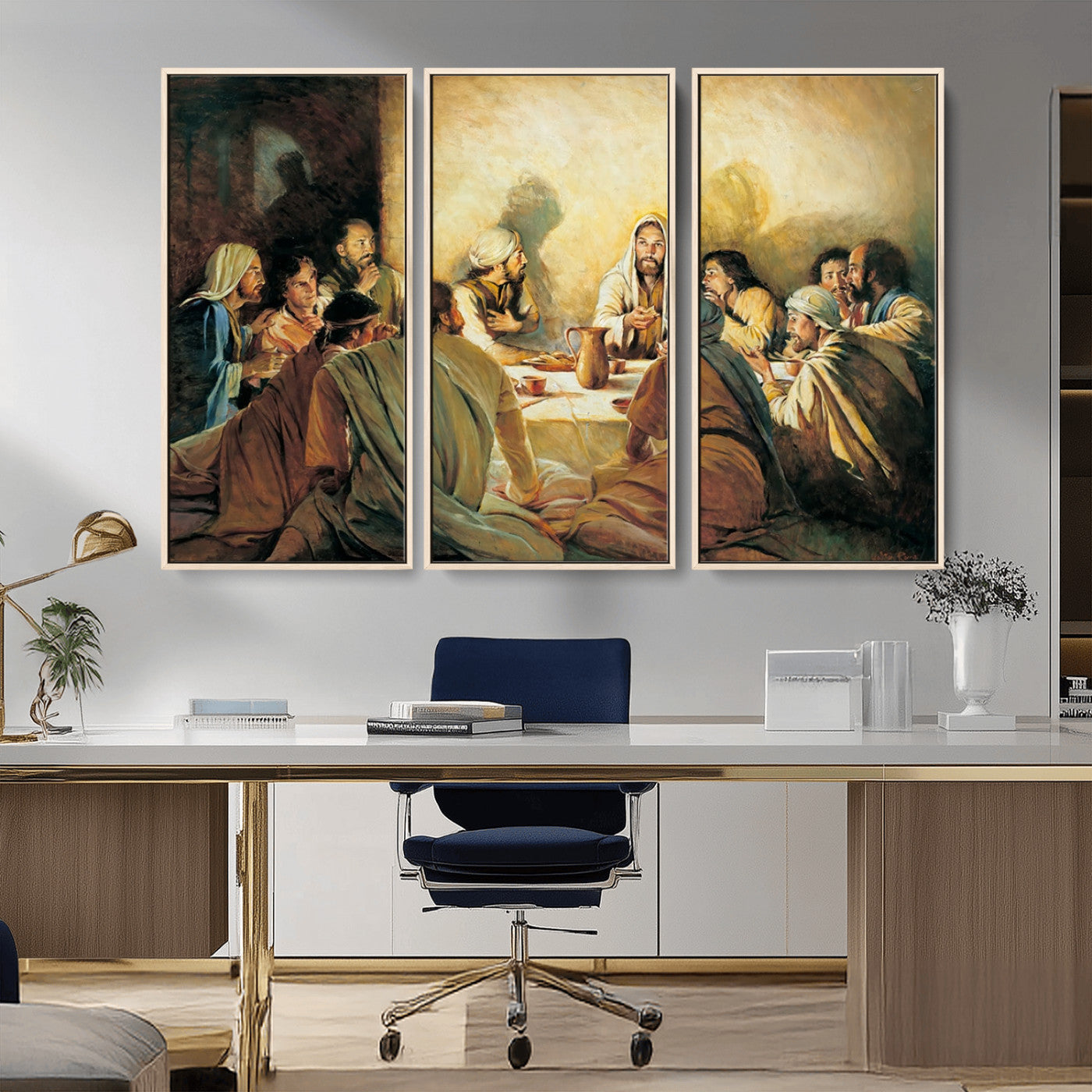 Framed canvas print of the Last Supper, depicting Jesus and his disciples, perfect for religious or Christian-themed home decor.