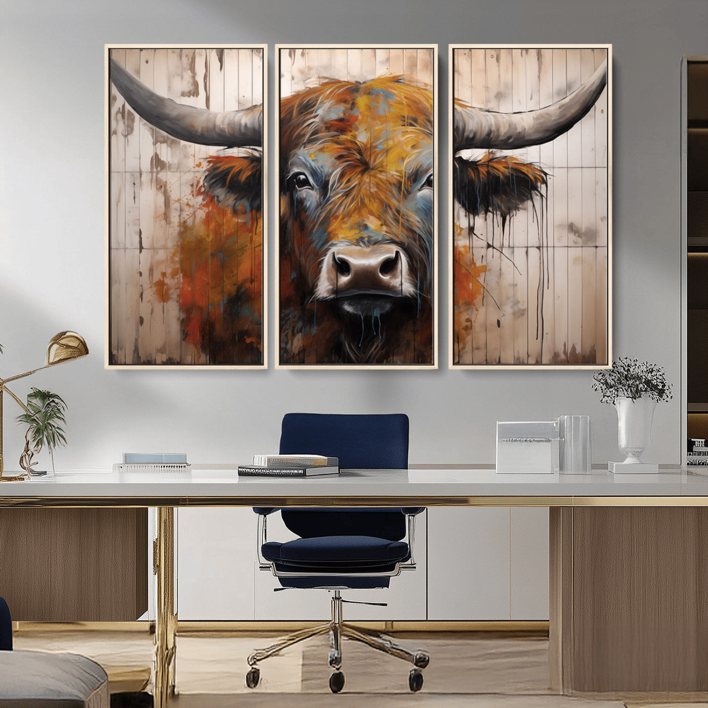 MGV-FC-48X32-3P - Abstract Bull Highland Cow Canvas Wall Art Print – Vibrant Rustic Charm in Modern Farmhouse Decor –