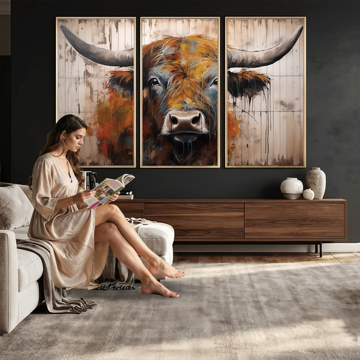 47284-MGV-CV-24X16 - Abstract Bull Highland Cow Canvas Wall Art Print