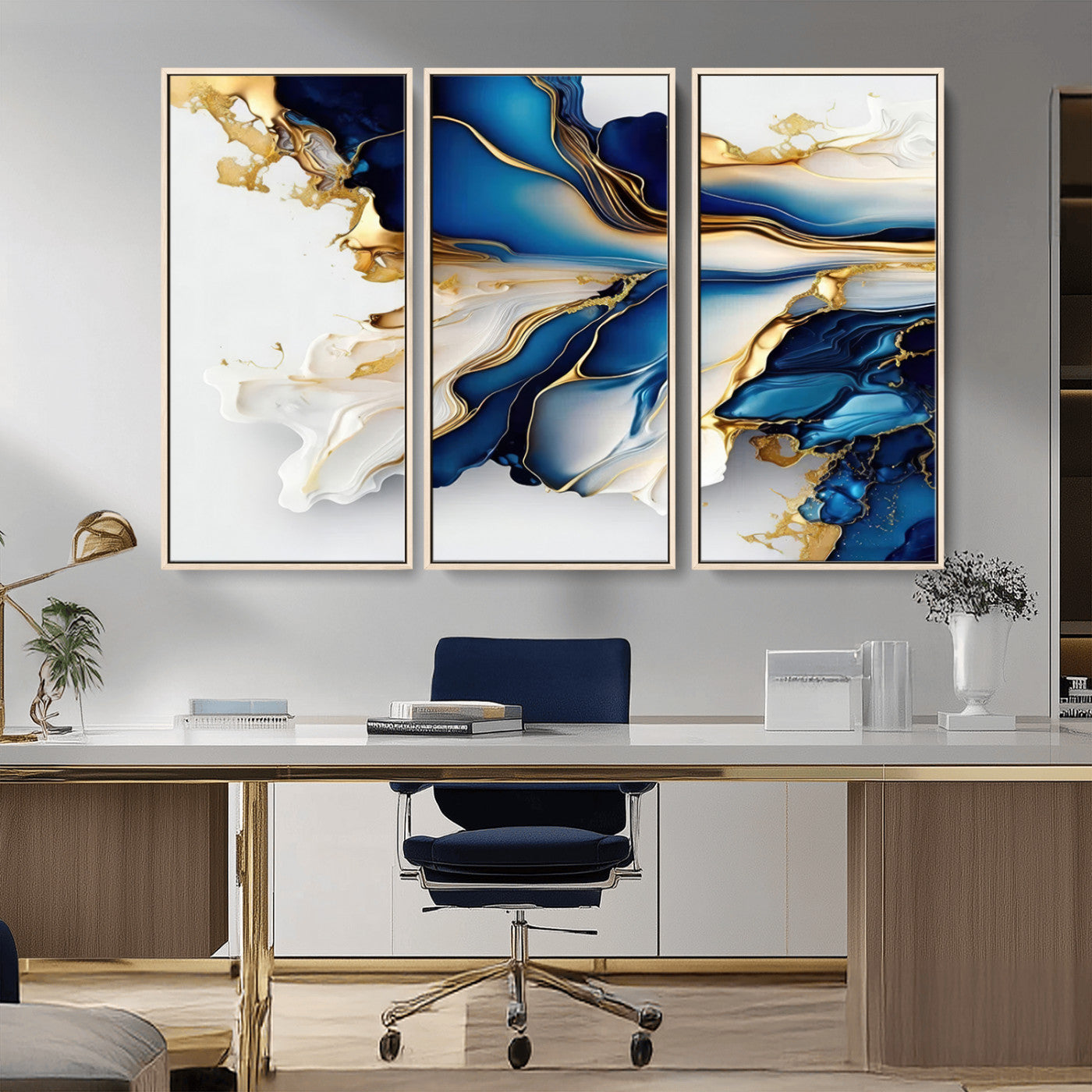 MGV-FC-48X32-3P - Gold Marble Art - Abstract Geode Gold And Blue Marble Shape 3 Pieces Wall Art Canvas Print