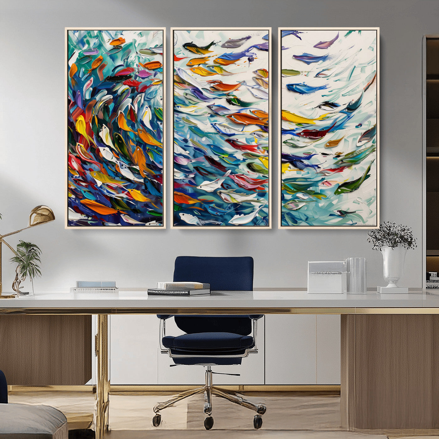 MGV-FC-48X32-3P - Modern Abstract Fish Shoal Wall Art Canvas Print, Colorful Fish Herd Painting on Canvas Print, Ocean