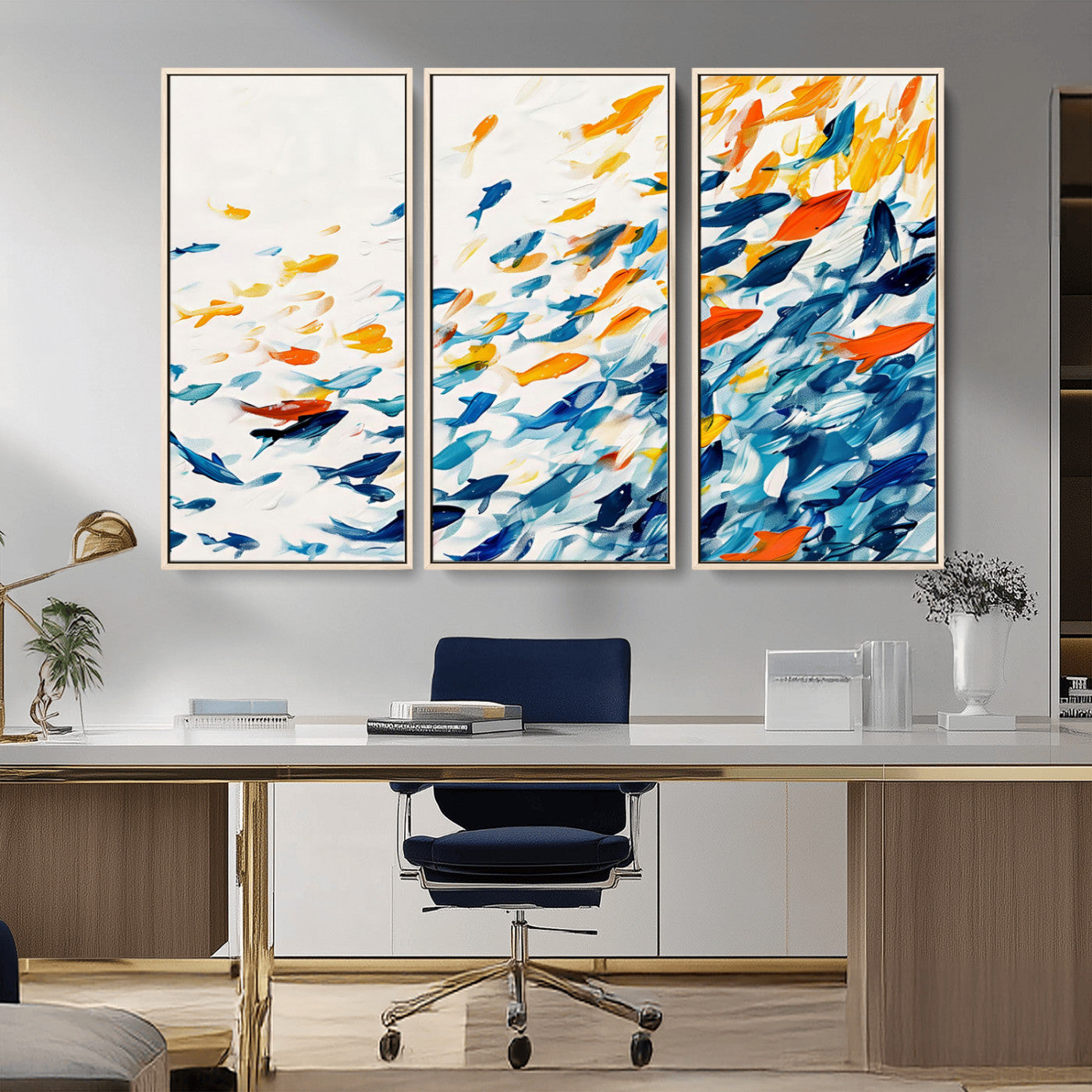 MGV-FC-48X32-3P - Abstract Fish Shoal Wall Art Canvas Print, Colorful Fish Herd Painting on Canvas Print, Ocean Animal