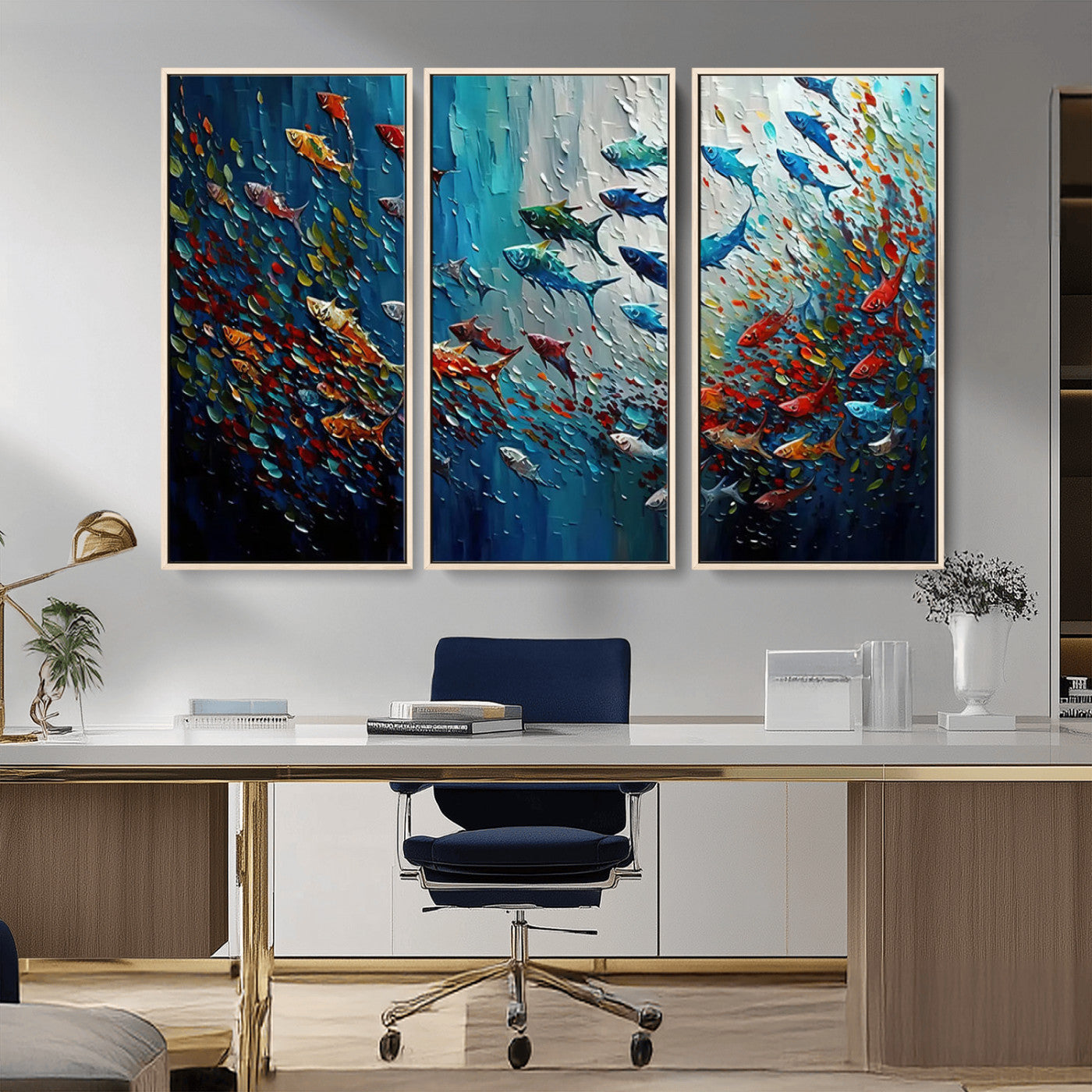 MGV-FC-48X32-3P - Modern Abstract Fish Shoal Wall Art Canvas Print, Colorful Fish Herd Painting on Canvas Print, Ocean