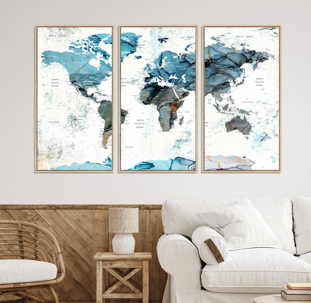 Push Pin World Map Wall Art Canvas Print adds a touch of elegance to the home decor.