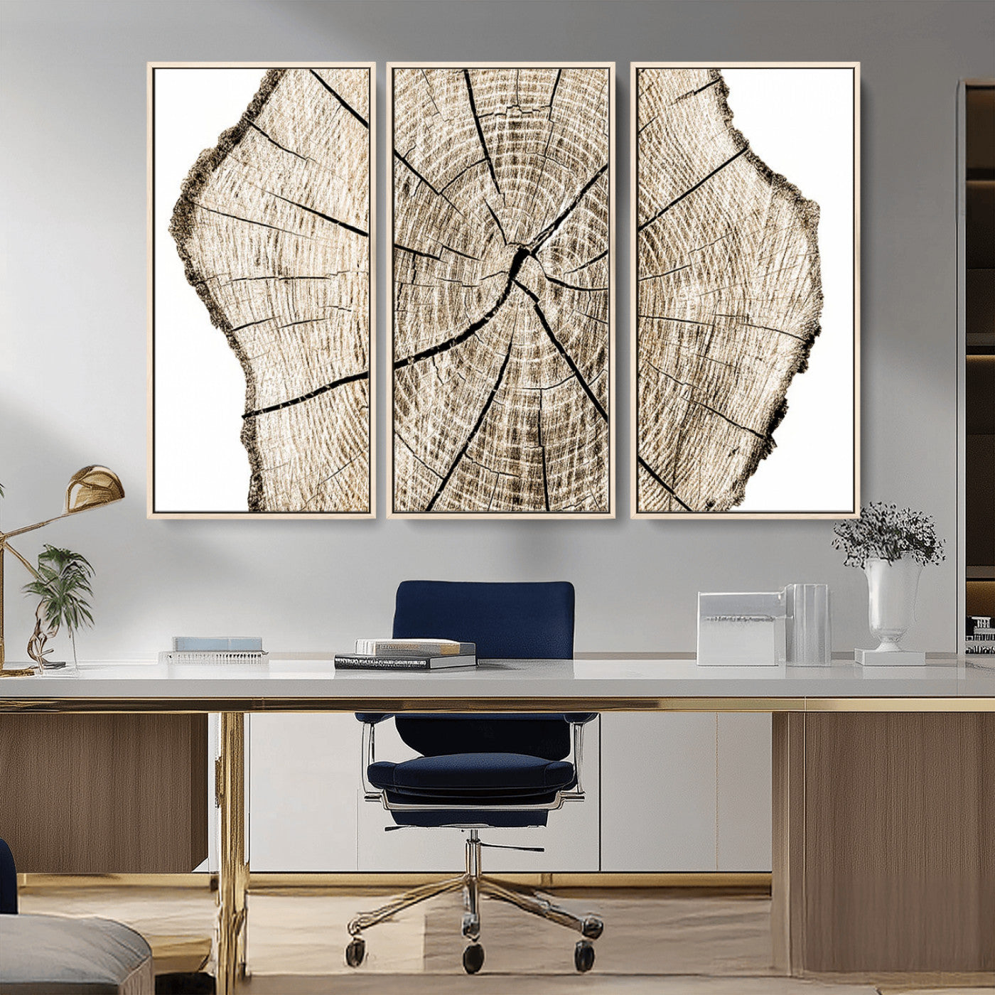 MGV-FC-48X32-3P - Abstract Wood Tree Ring Wall Art - Ready to Hang Minimalist Wooden Design for Rustic & Contemporary