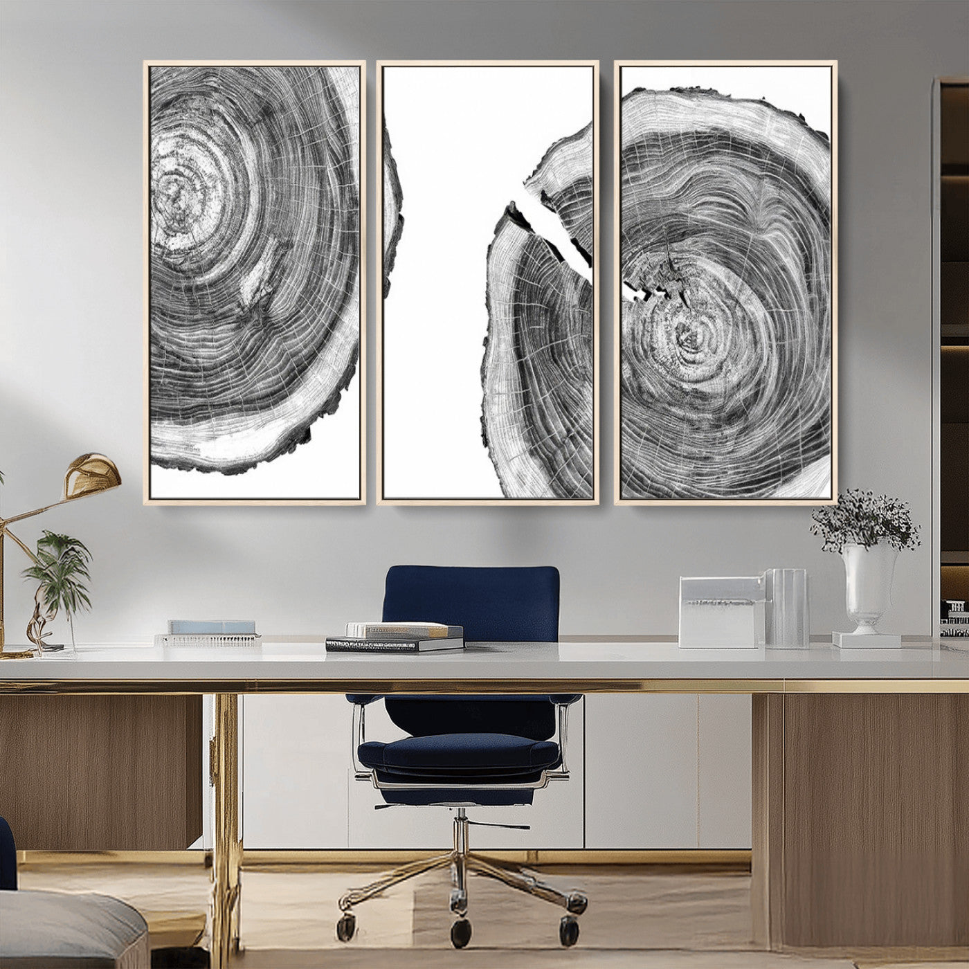 MGV-FC-48X32-3P - Modern Black and White Tree Rings Canvas Wall Art – Nature Inspired Wood Slice Print – Minimalist
