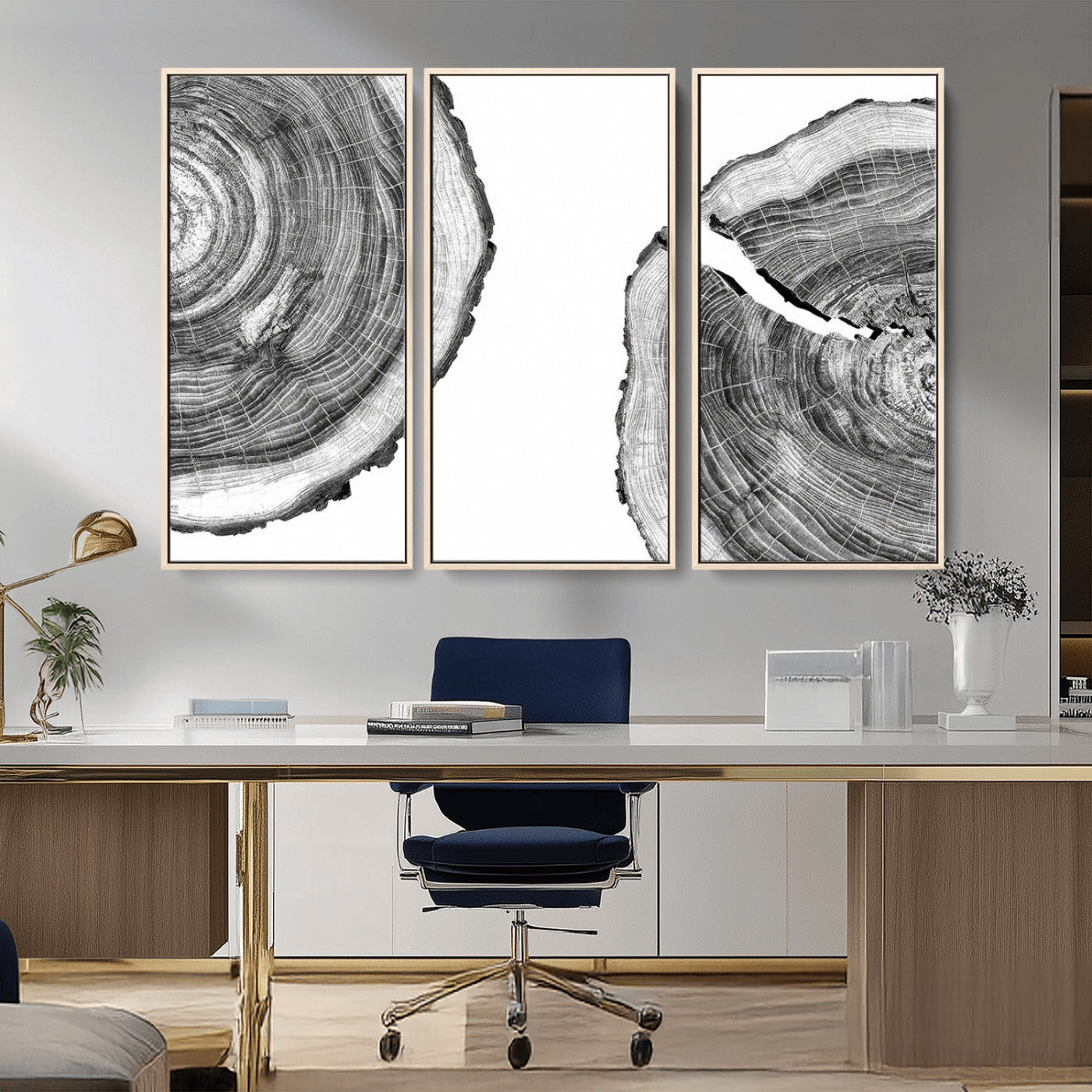 MGV-FC-48X32-3P - Abstract Large Tree Rings – Minimalist Black and White Wood Art | Triptych Canvas, Modern Wall Decor