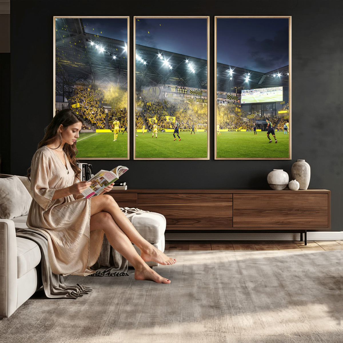 65820-MGV-CV-36X24 - Columbus Crew Stadium Match Triple Canvas Wall Art - Dynamic MLS Game Scene Canvas Wall Art