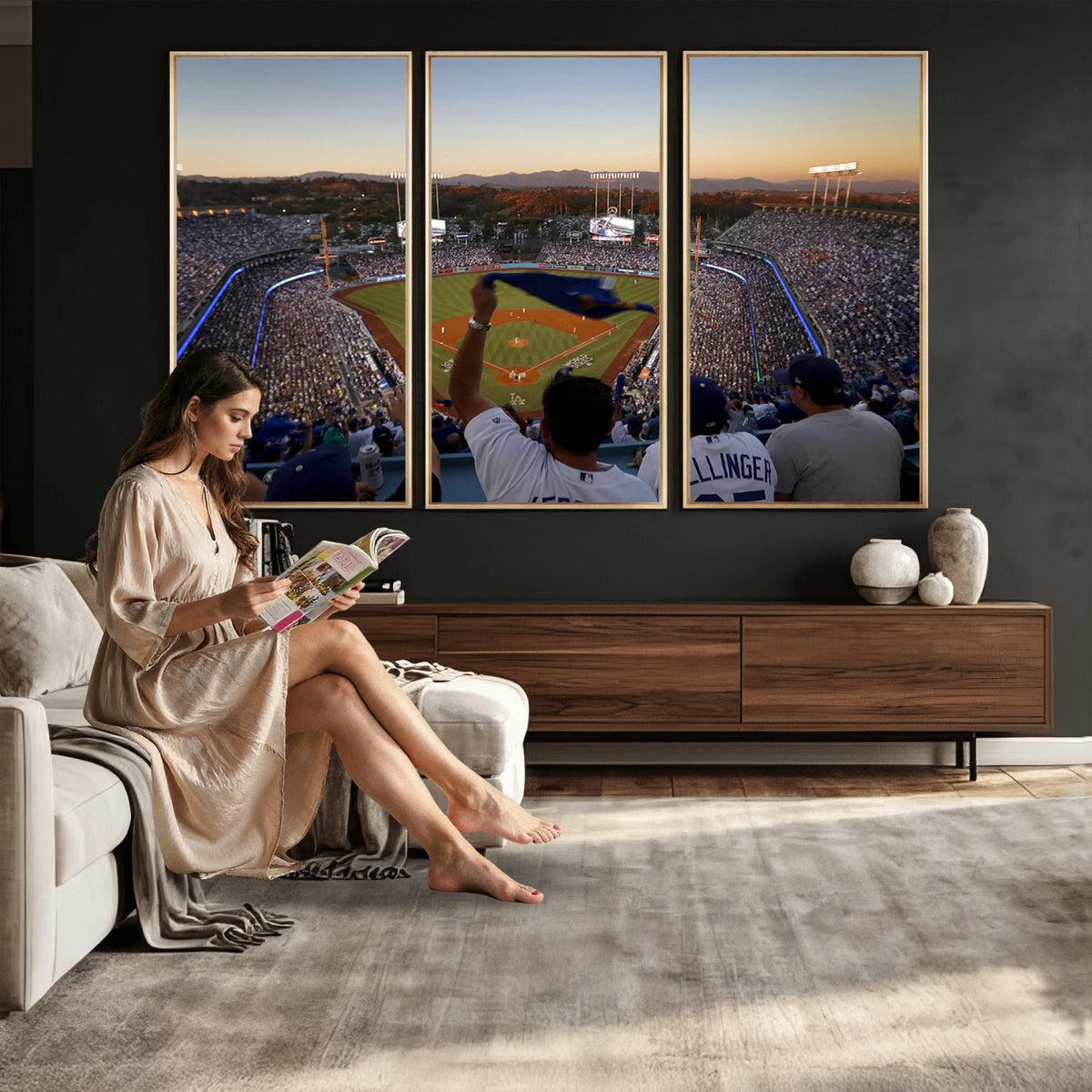 60162-MGV-CV-36X24 - Dodger Stadium Sunset Game Triple Canvas Wall Art, Los Angeles Dodgers MLB Match