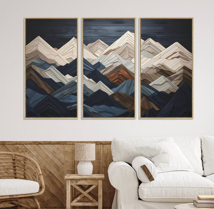 Abstract wood mountain range wall art in a 3-piece set featuring shades of blue, brown, and cream, ideal for modern rustic decor.