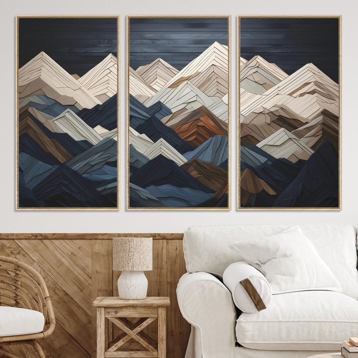 Rustic Mountain Landscape Wall Art Print - Wooden 3D Effect Mountain Canvas Print - Textured Peaks Wall Art for Cabin or Lodge Decor