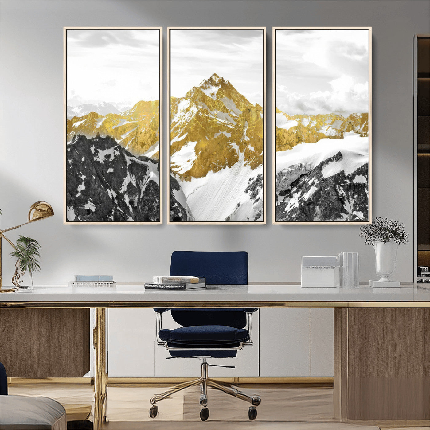 MGV-FC-48X32-3P - Gold Abstract Mountains Wall Art Print on Canvas, Nature Wall Art Print,