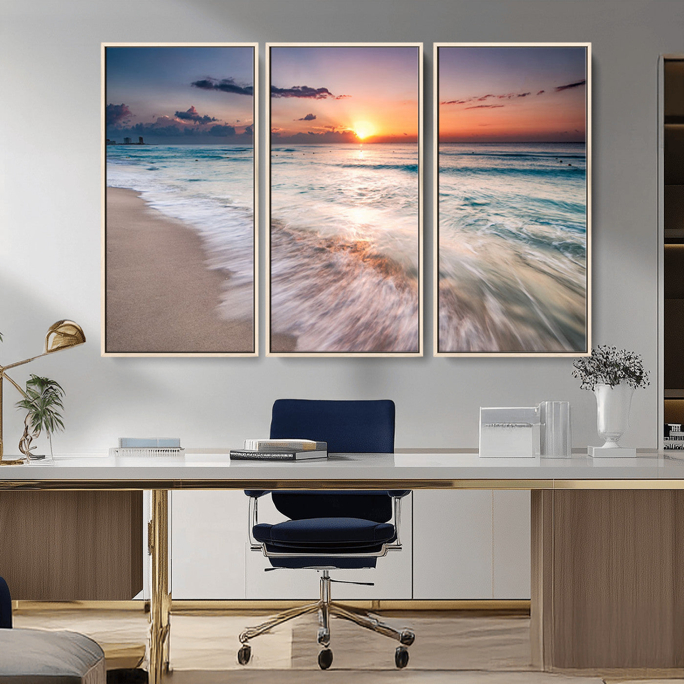 MGV-FC-48X32-3P - Sunset Beach Wall Art – Soothing Coastal Landscape, Ready to Hang for Tranquil Home Decor