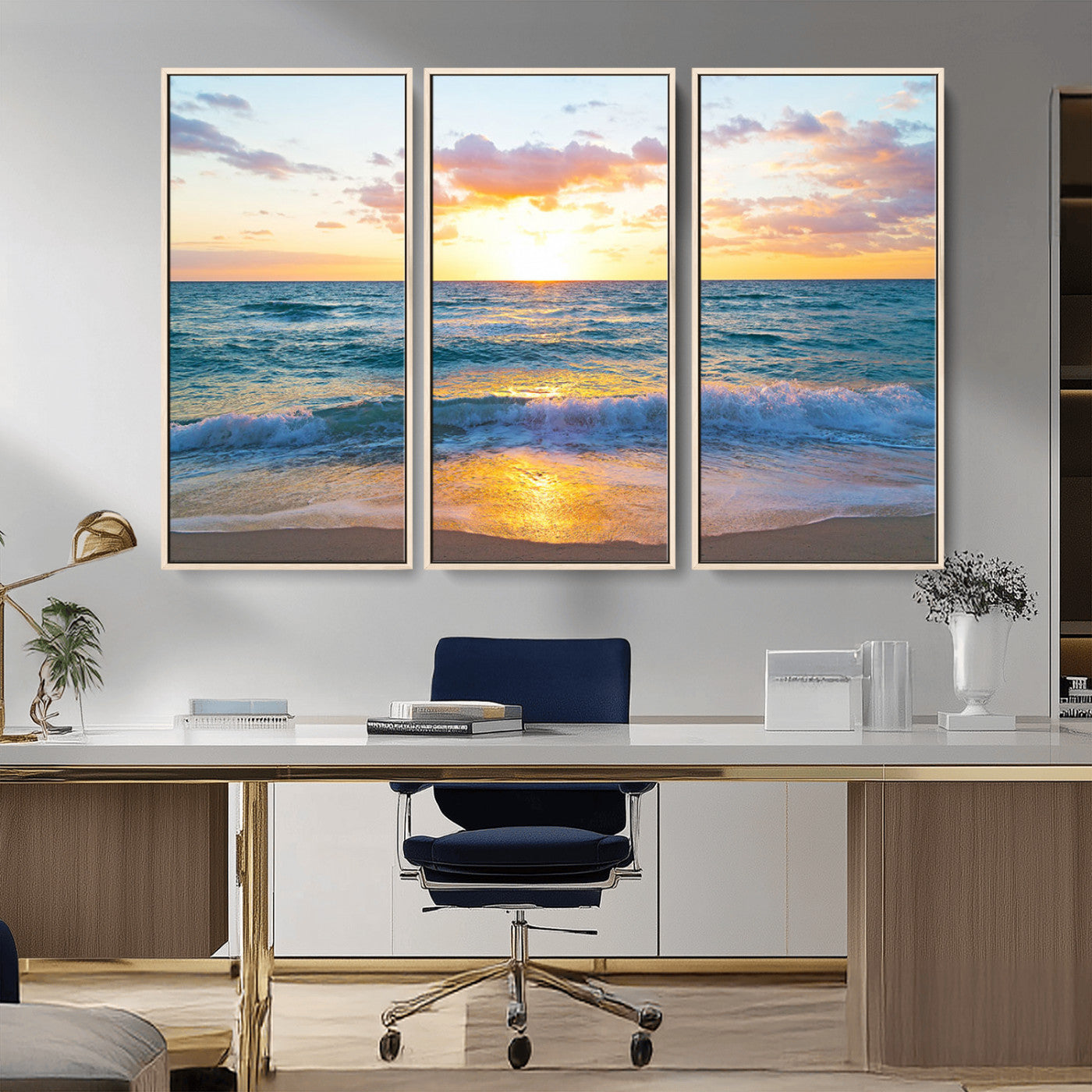 MGV-FC-48X32-3P - Golden Sunset Over Ocean Waves - Serene Coastal Triptych Wall Art for Relaxing Home Decor, Ready to