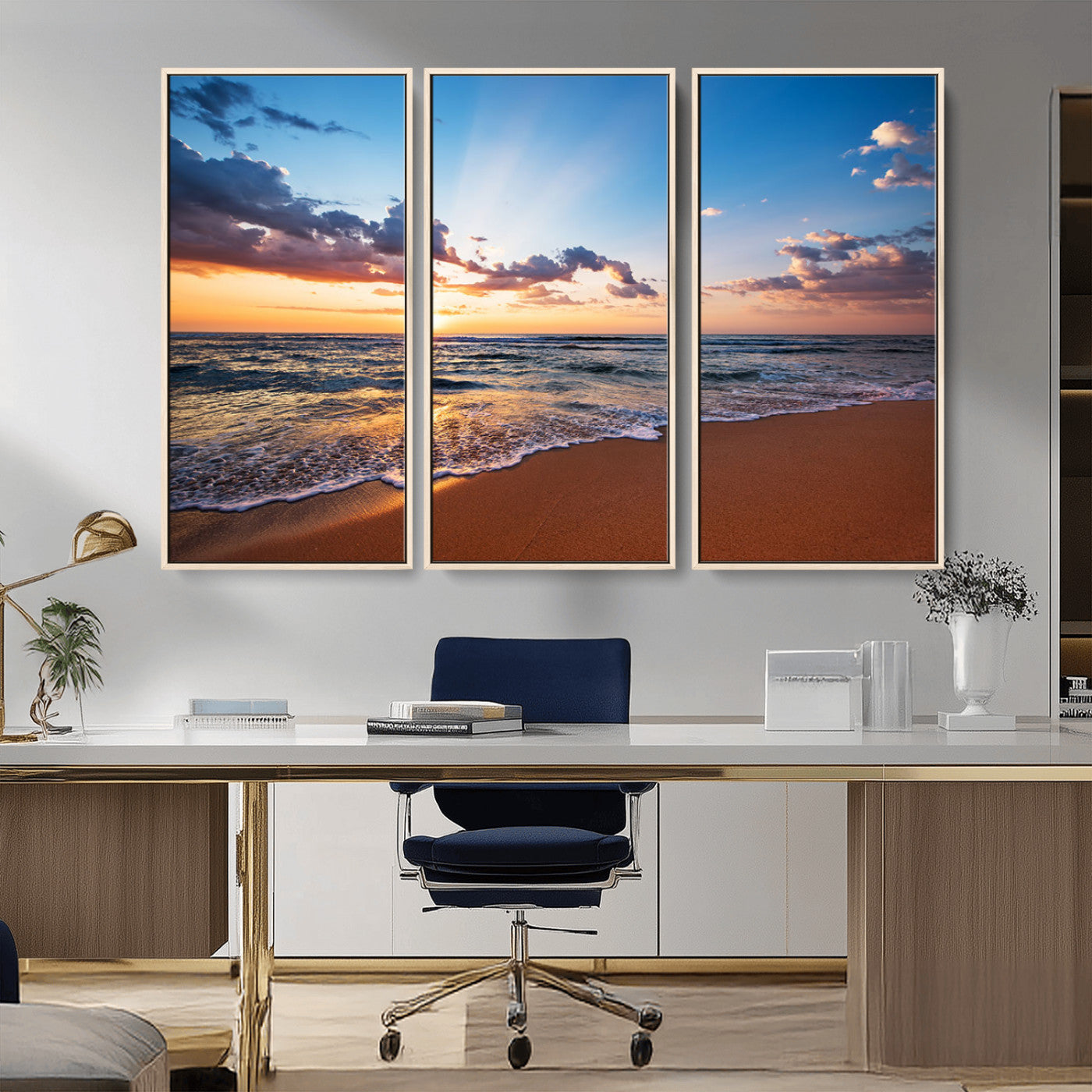 MGV-FC-48X32-3P - Golden Hour Beach Sunset Wall Art | Canvas Print | Ready to Hang | Coastal Wall Art for Living Room