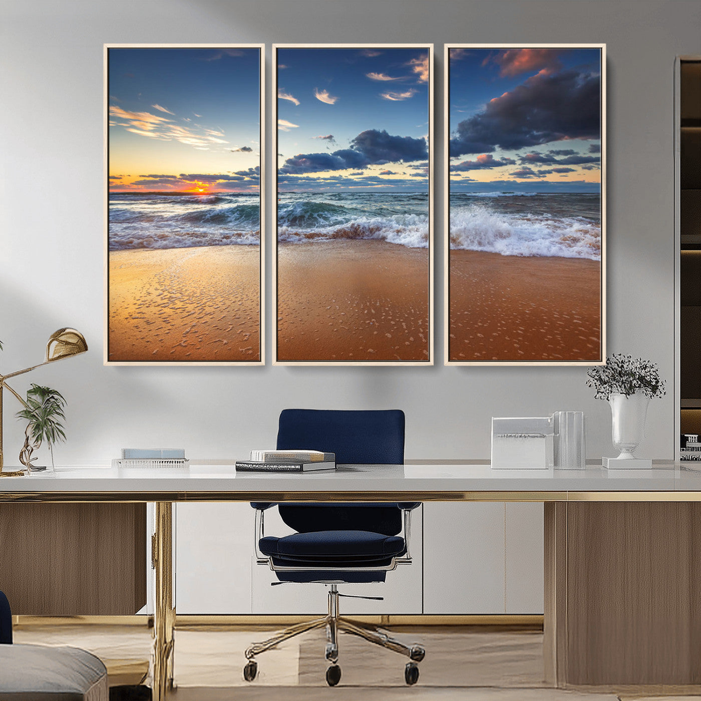 MGV-FC-48X32-3P - Beach Canvas Wall Art - Coastal Seascape Print for Living Room or Bedroom, Ocean Waves on Sand,