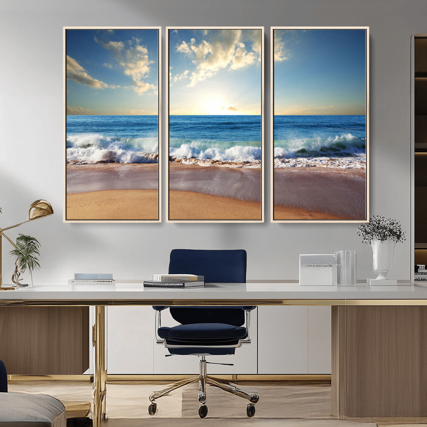 MGV-FC-48X32-3P - Serene Ocean Sunset Canvas Wall Art - Beach Waves at Sunset, Ready to Hang