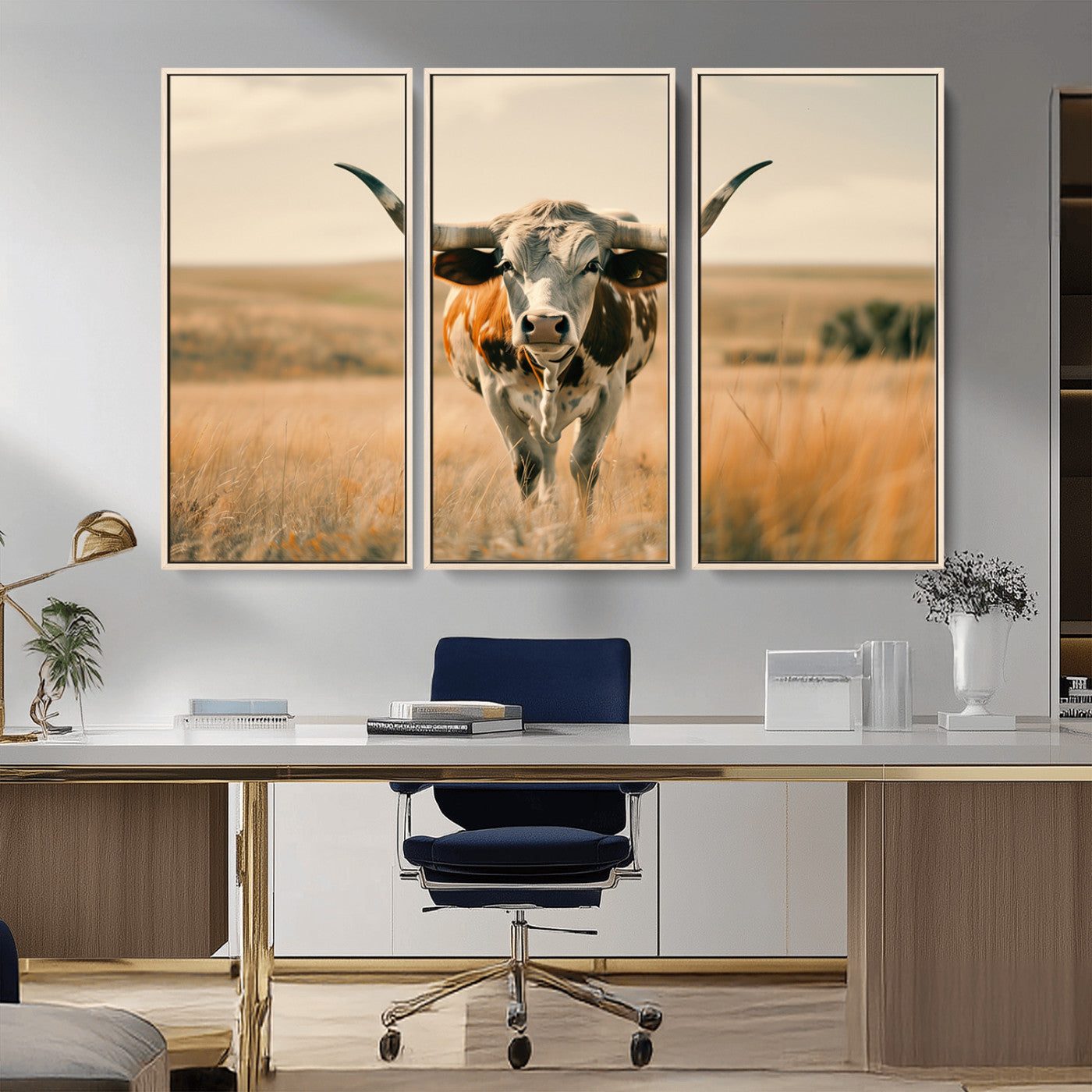 MGV-FC-48X32-3P - Texas Cow Wall Art Canvas Print for Farm House Wall Decor, Farmhouse Wall Art Print