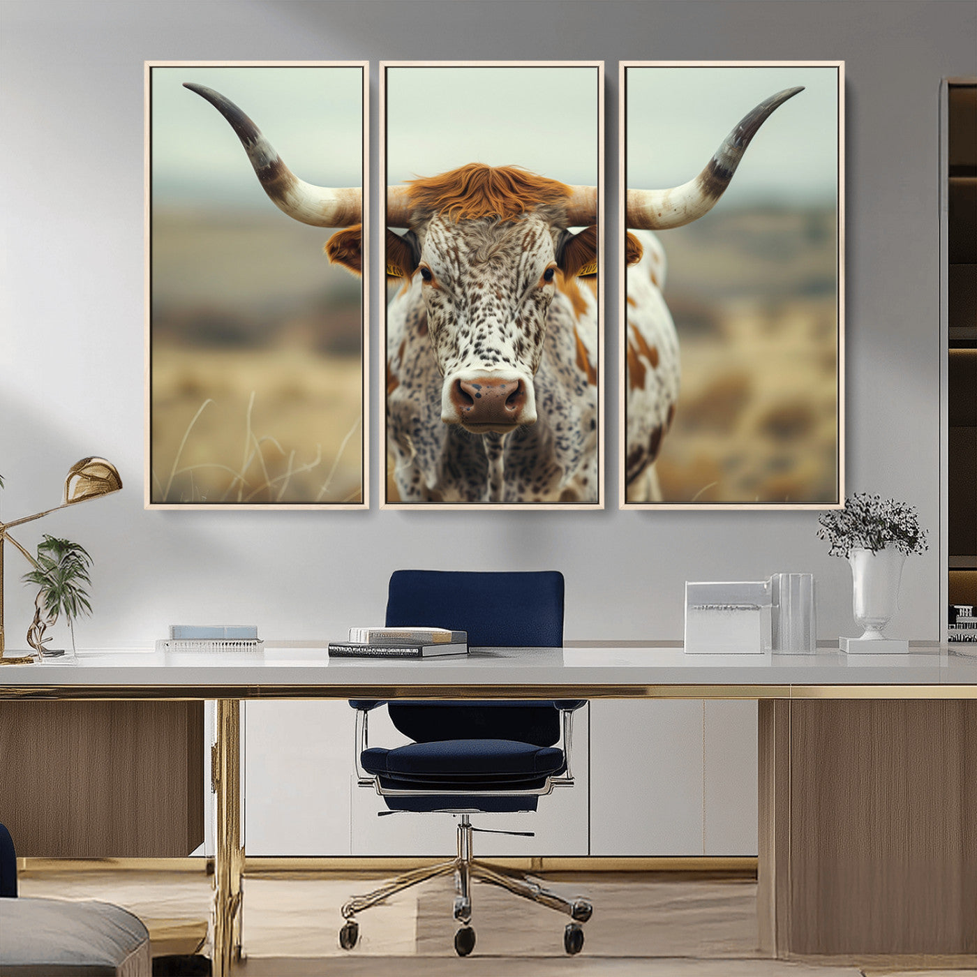 MGV-FC-48X32-3P - Texas Cow Longhorn Wall Art Canvas Print for Farm House Wall Decor, Farmhouse Wall Art Print