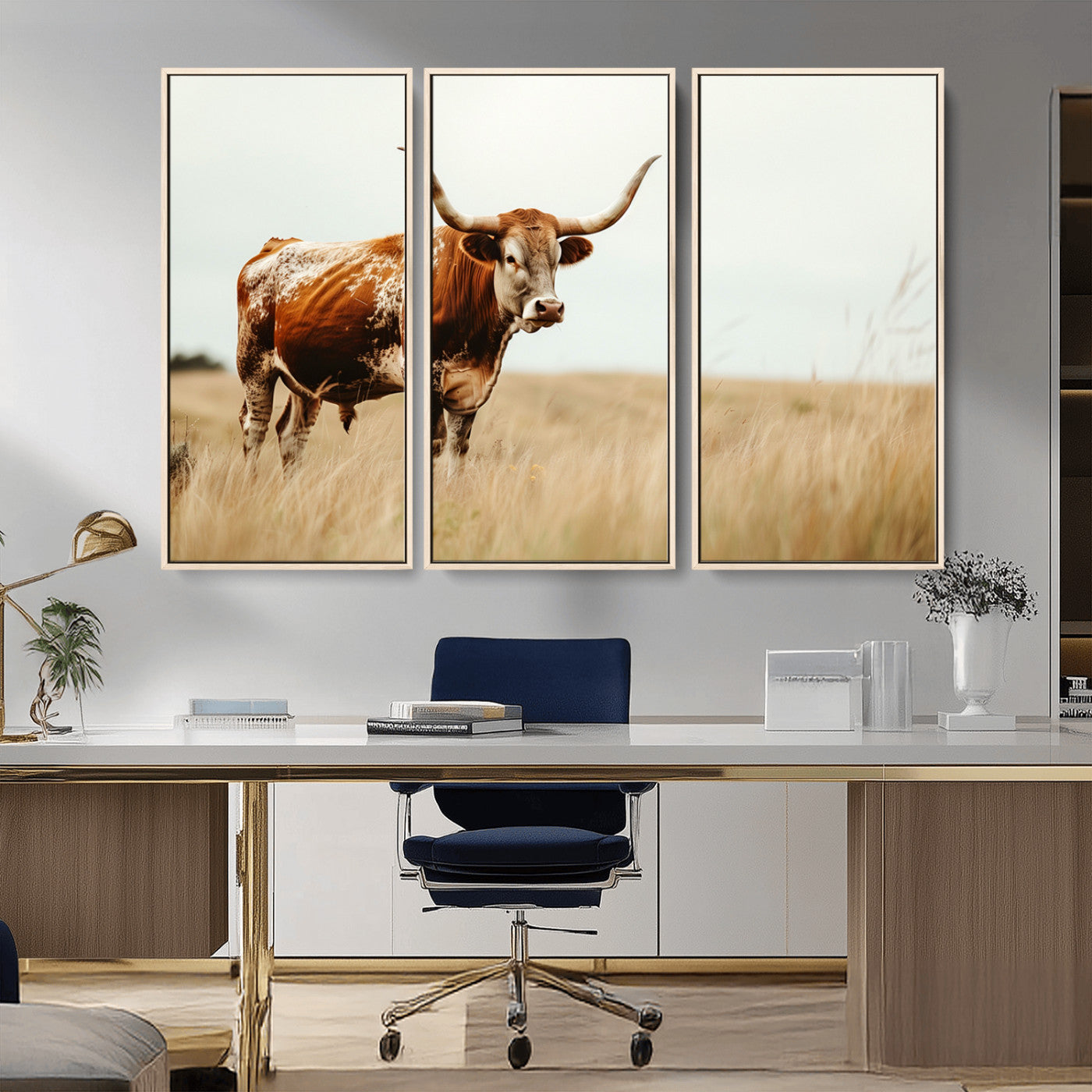 MGV-FC-48X32-3P - Texas Longhorn Canvas Wall Art Print – Majestic Western Cattle in Rustic Farmhouse Decor – Cow Wall