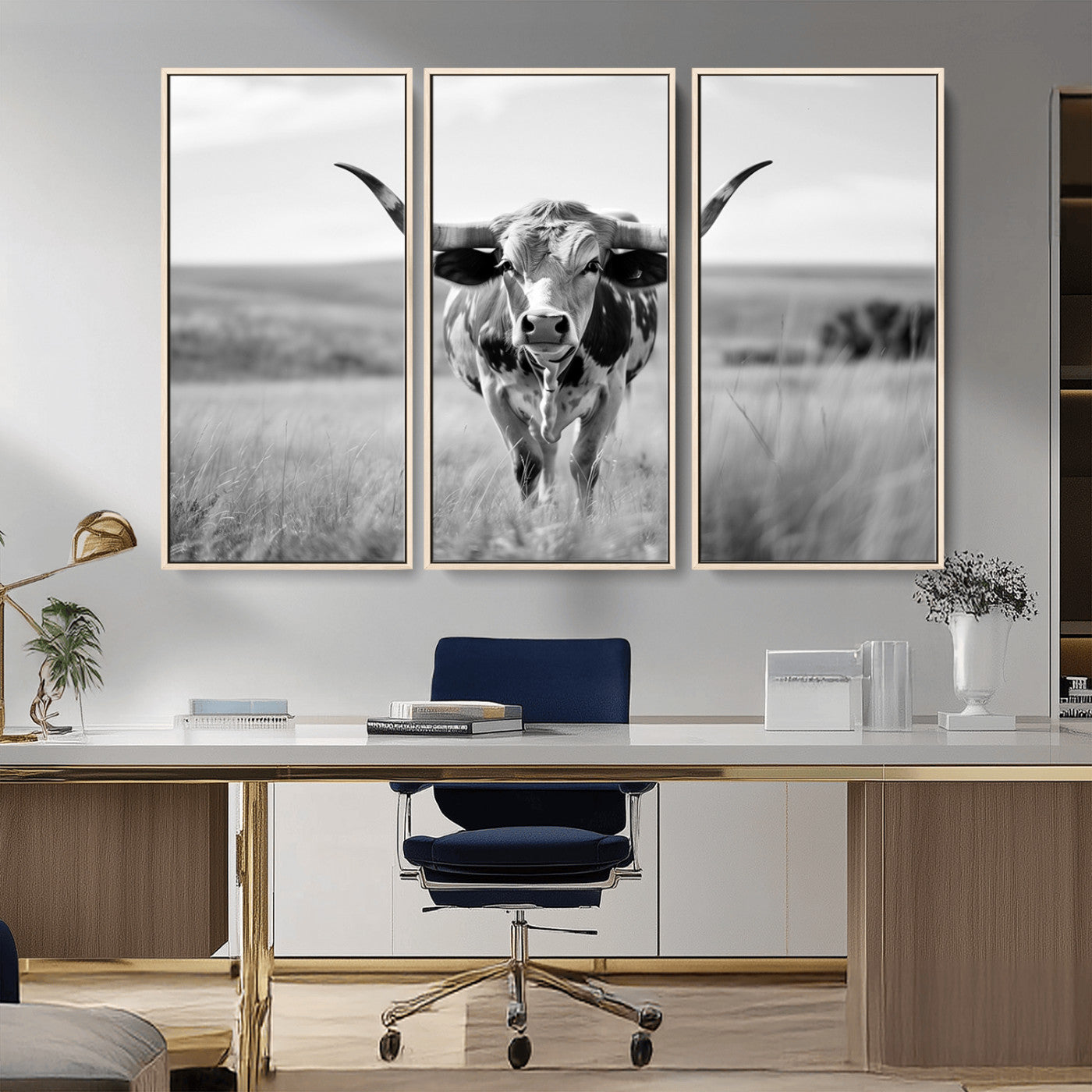 MGV-FC-48X32-3P - Texas Cow Longhorn Wall Art Canvas Print for Farm House Wall Decor, Farmhouse Wall Art Print