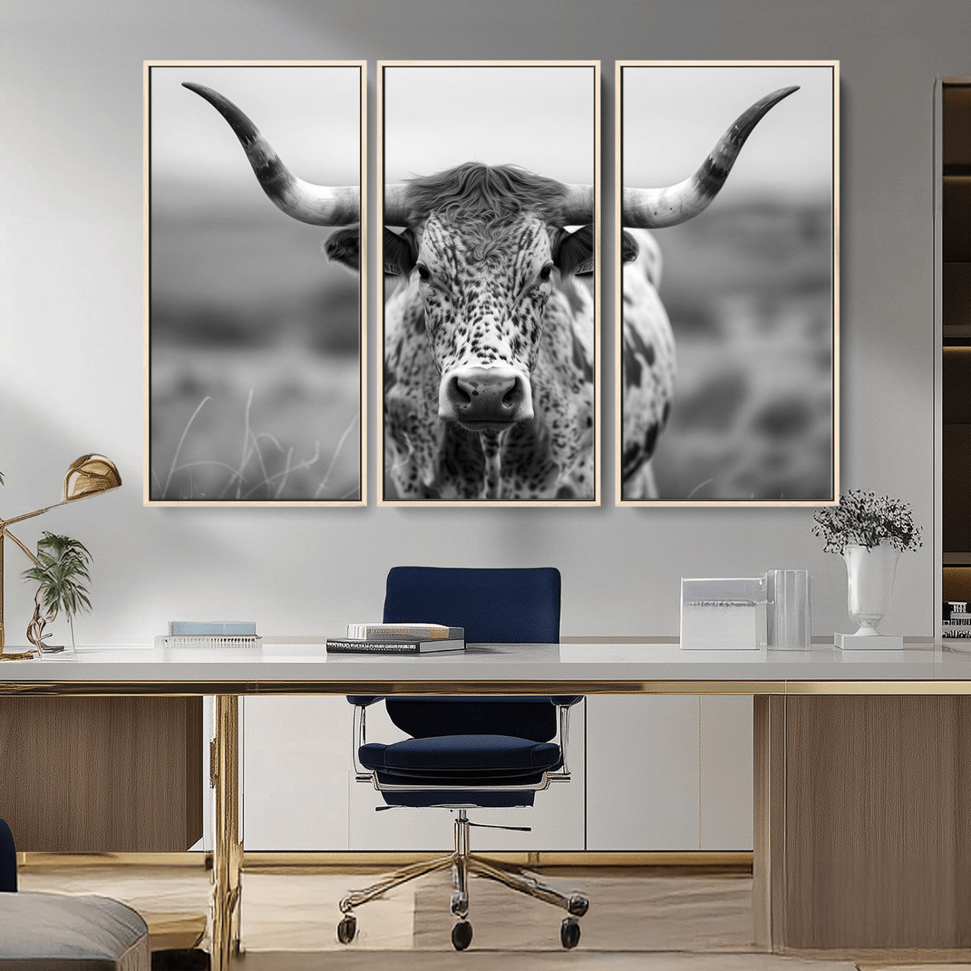 MGV-FC-48X32-3P - Texas Cow Longhorn Wall Art Canvas Print for Farm House Wall Decor, Farmhouse Wall Art Print