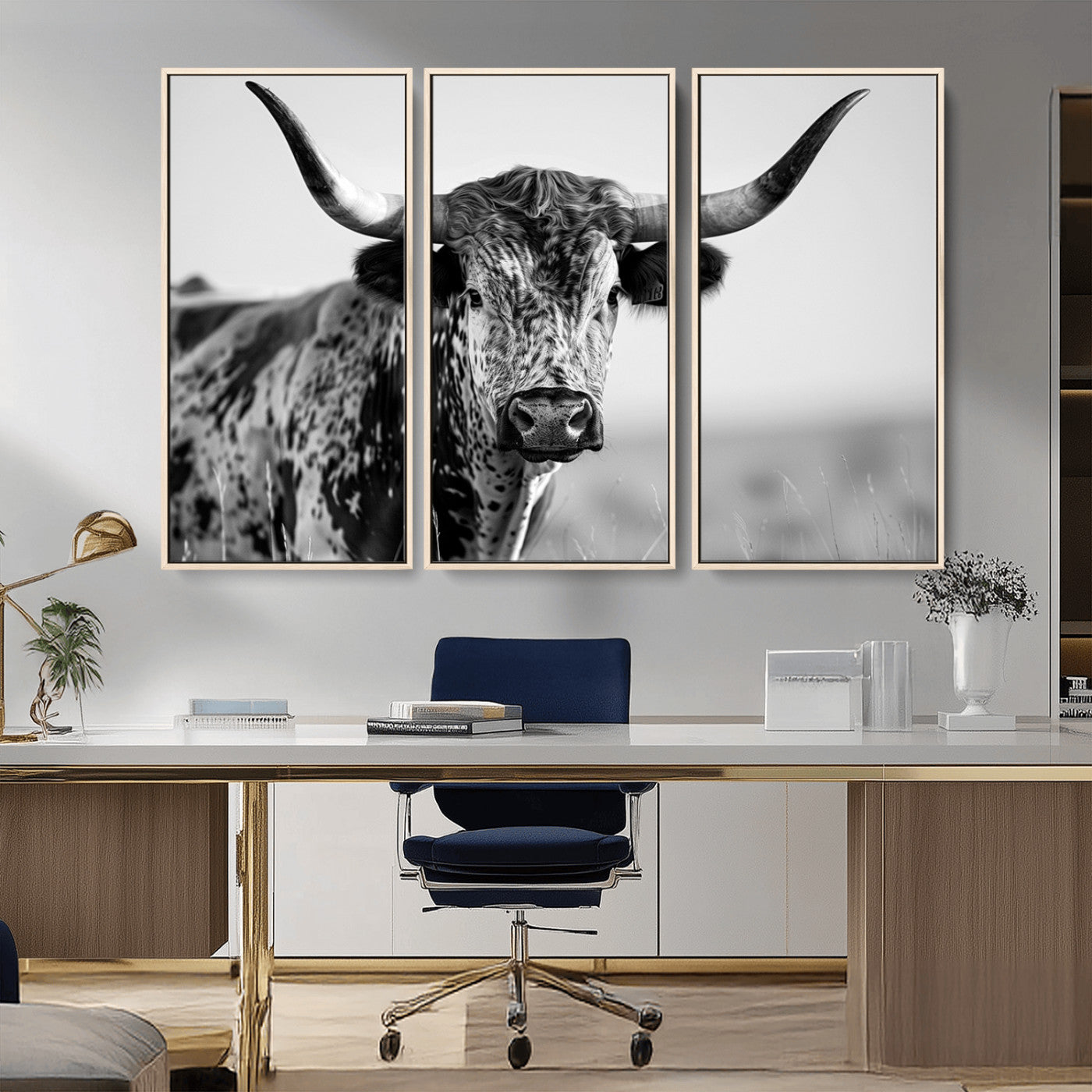 MGV-FC-48X32-3P - Texas Highland Cow Longhorn Canvas Print - Rustic Farmhouse Wall Art - Large Texas Longhorn