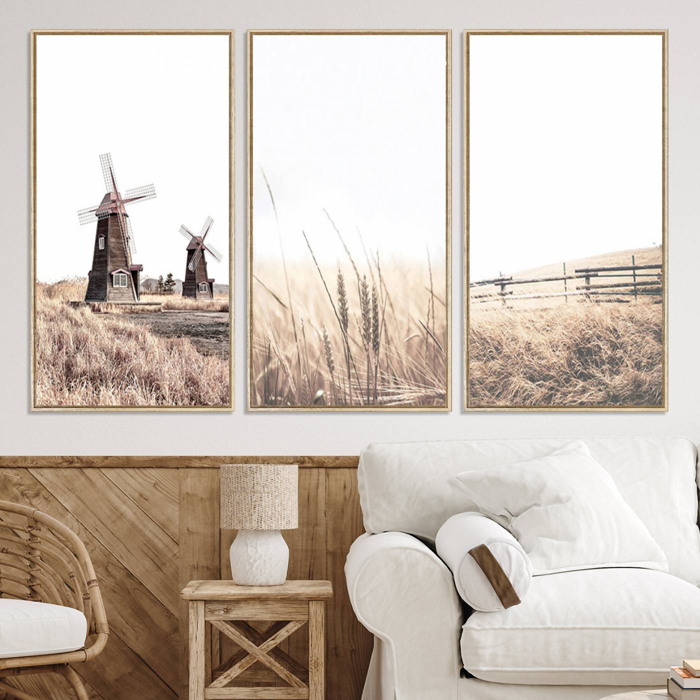 56649-MGV-CV-60X30-3P-Farm Prints Set, Farmhouse Wall Art Canvas, Country House Decor, Country House Decor, Barn Print, Wheat Print