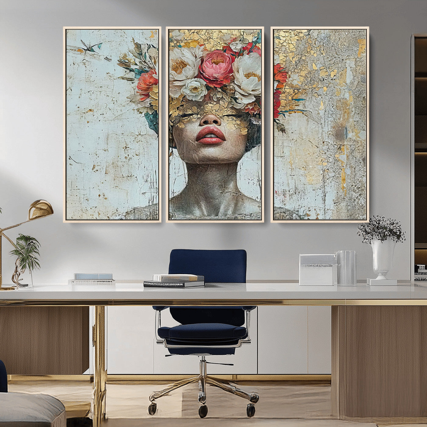 MGV-FC-48X32-3P - Golden Petal Wall Art Canvas Print - Silhouette Woman Wall Art Canvas Print, Floral Woman Portrait