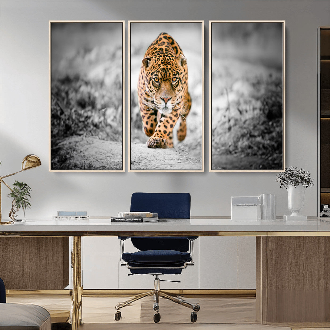 MGV-FC-48X32-3P - Jaguar Wall Art Canvas Print - Majestic Big Cat in Focused Pursuit - Ready to Hang