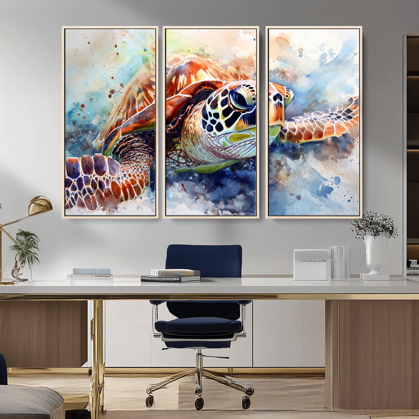 MGV-FC-48X32-3P - Watercolor Sea Turtle Wall Art Canvas Print - Vibrant Ocean Colors in Watercolor Style - Ready to