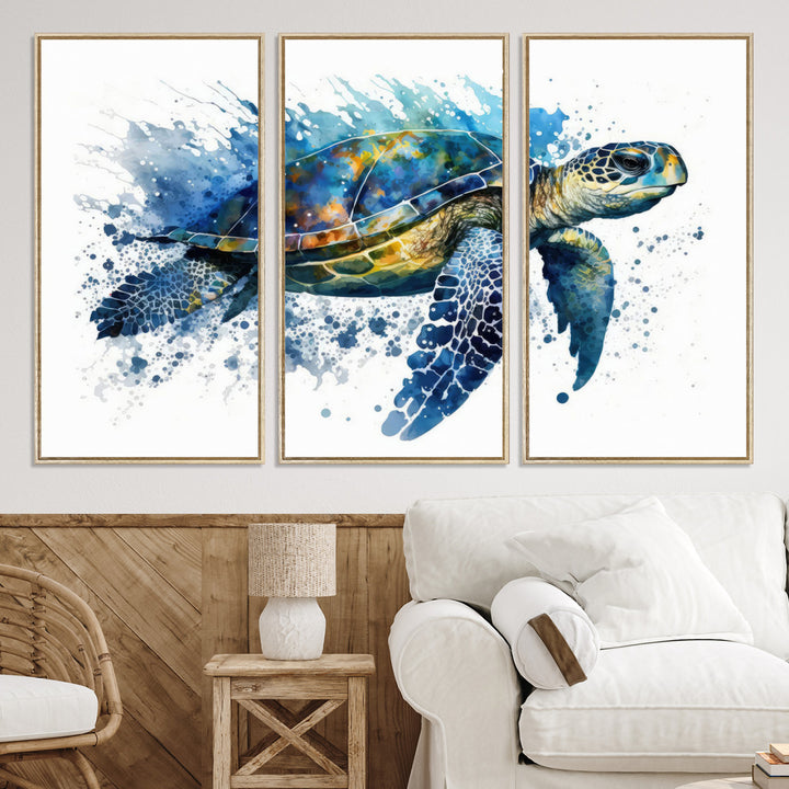 The Turtle Wall Art Print, featuring blue splashes, beautifully showcases Ocean Life.