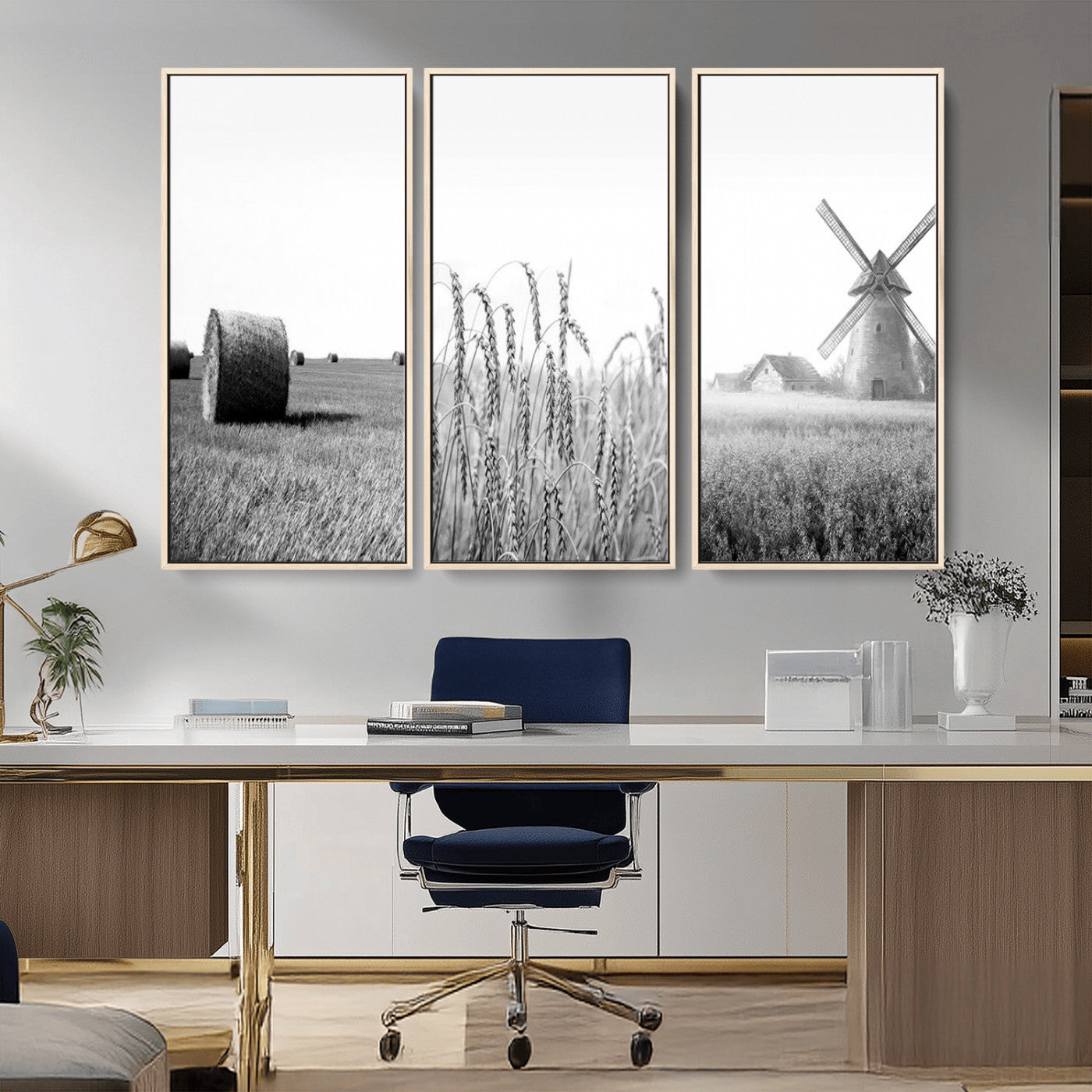 MGV-FC-48X32-3P - Vintage Farmhouse Black and White Triptych Wall Art – Giclee Canvas Featuring Wheat Fields, Hay