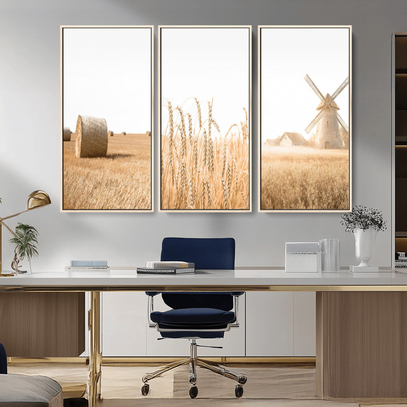 MGV-FC-48X32-3P - Vintage Farmhouse Triptych Wall Art – Giclée Canvas Featuring Wheat Fields, Hay Bales, and a