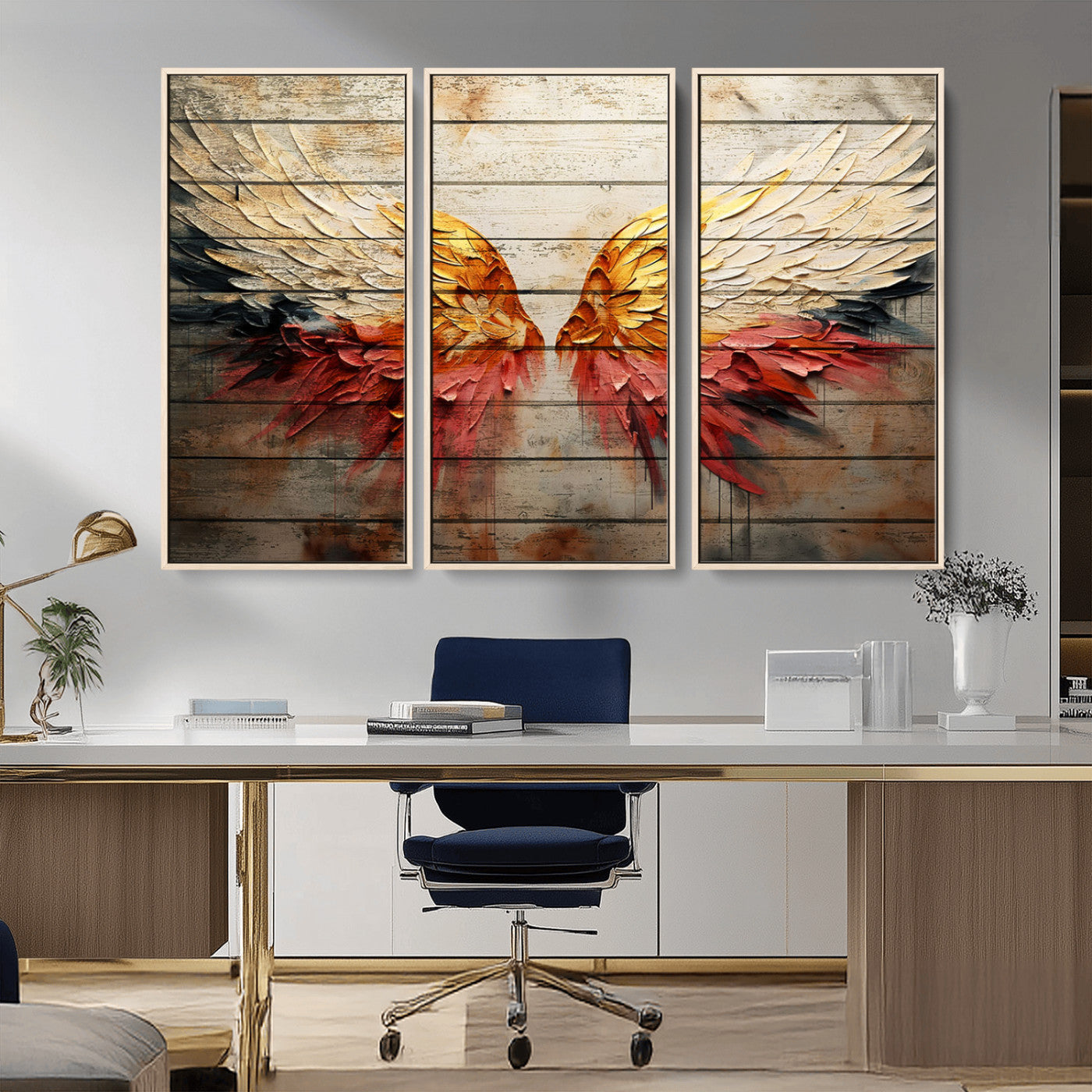 MGV-FC-48X32-3P - Abstract Angel Wings Canvas Wall Art – Framed and Ready to Hang Modern Angelic Wings Decor for