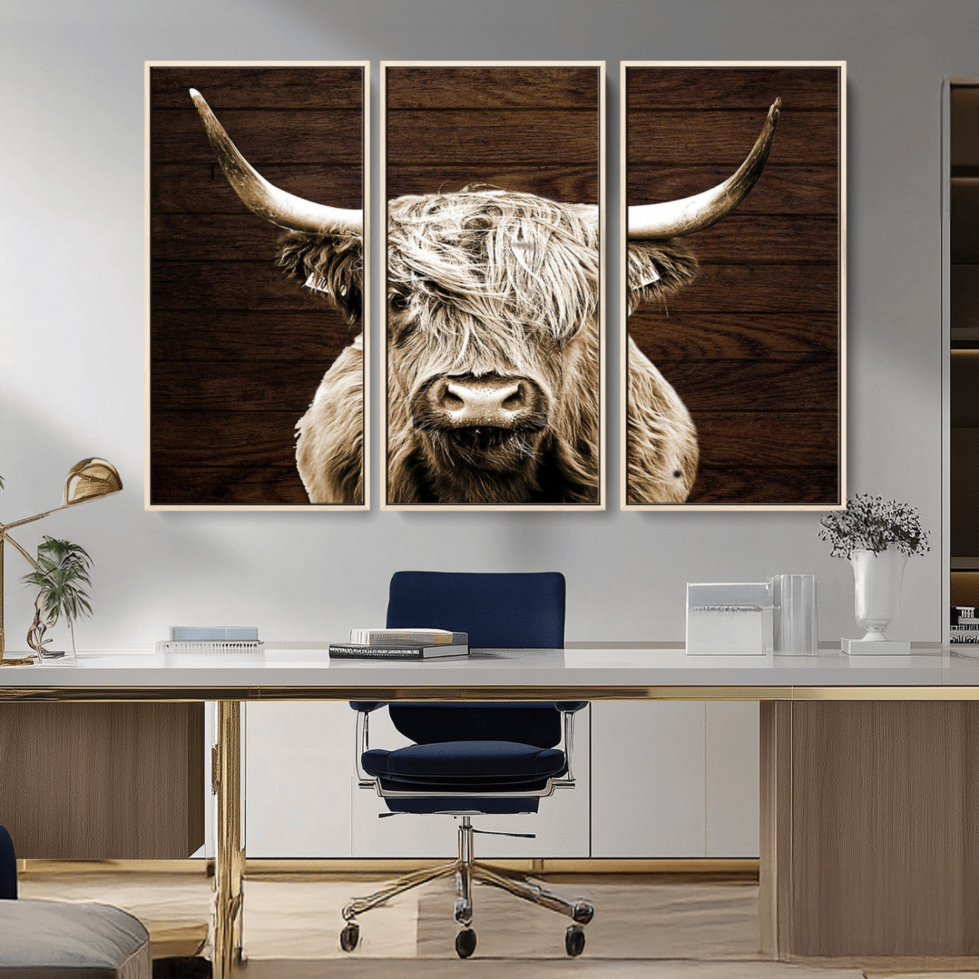 MGV-FC-48X32-3P - Highland Cow Wall Art Canvas Print, Rustic Farmhouse Decor, Majestic Scottish Highland Bull Portrait