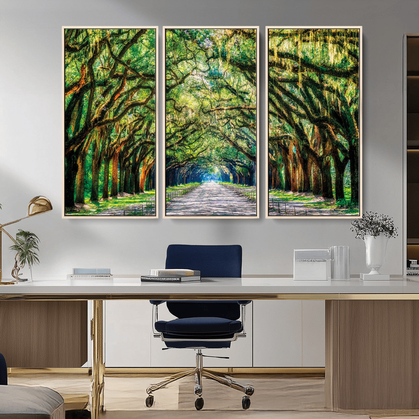 MGV-FC-48X32-3P - Serene Tree Tunnel Wall Art Canvas Print – Pathway Under Canopy of Lush Green Trees, Nature-Inspired