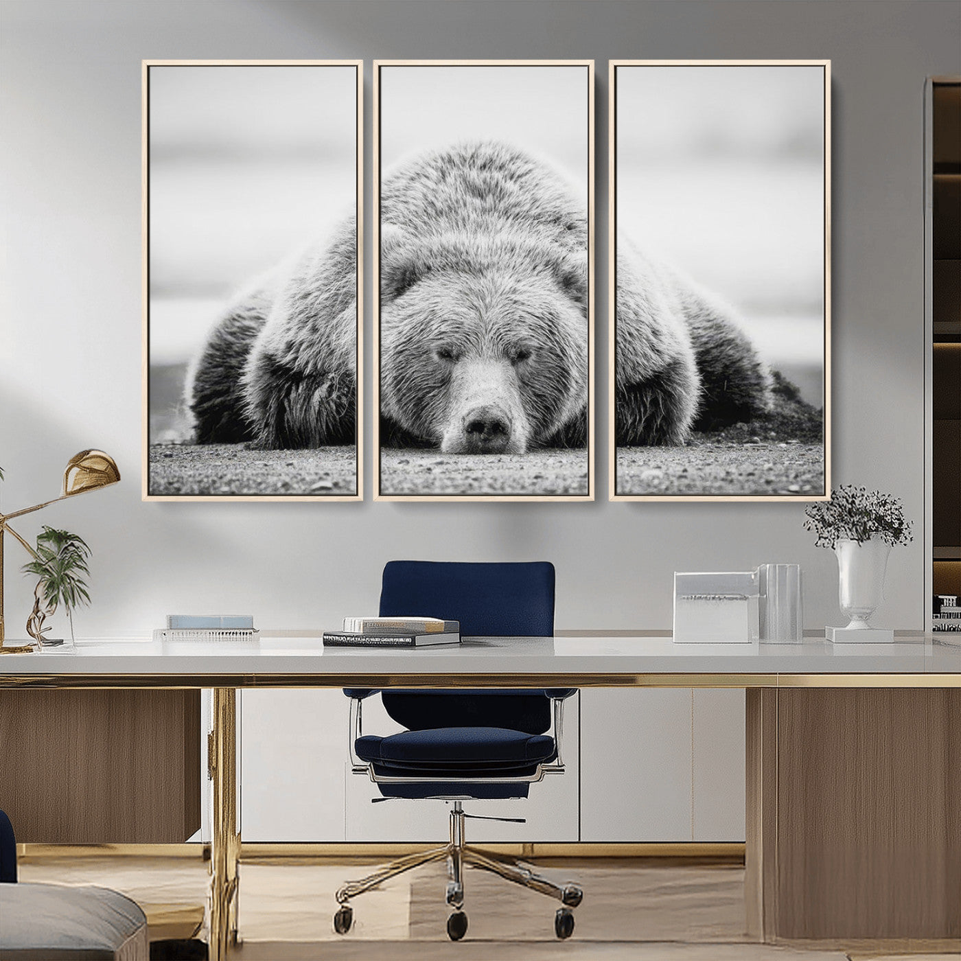 MGV-FC-48X32-3P - Resting Grizzly Bear Wall Art Canvas Print – Majestic Lazy Black and White Wildlife Bear Art,