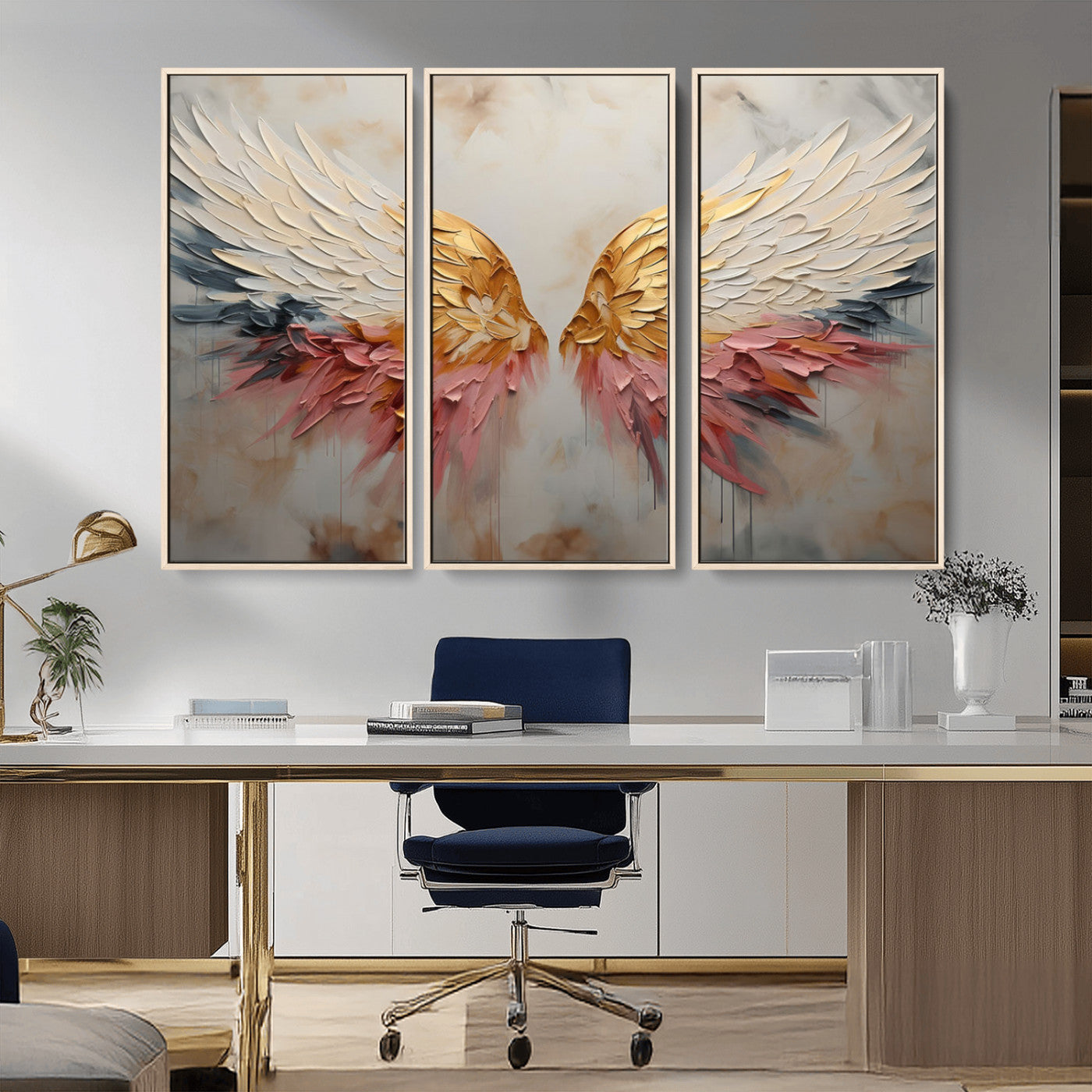 MGV-FC-48X32-3P - Golden Angel Wings Wall Art Canvas Print – Stunning Abstract Winged Art for Elegant Home Decor –
