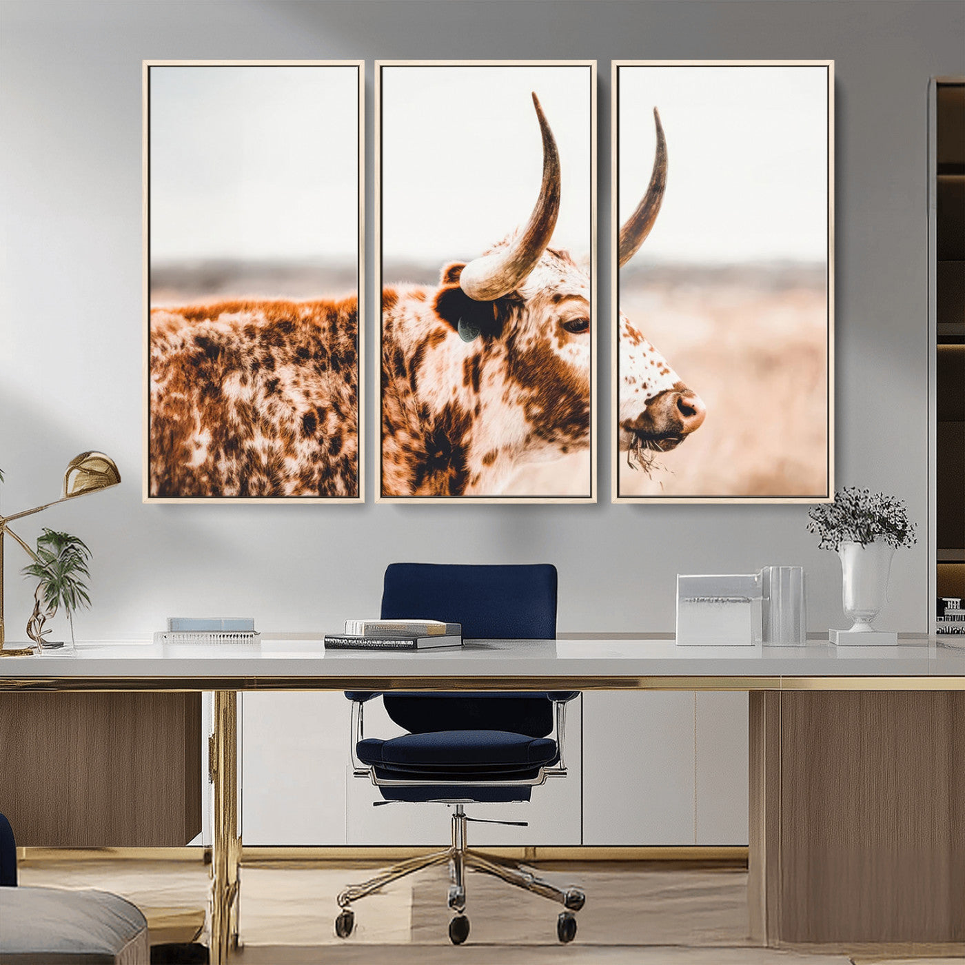 50356-MGV-FC-48X32-3P_Natural-Speckled Bull Wall Art Canvas Print – Rustic Cow Longhorn Farmhouse Animal Decor – Western Longhorn