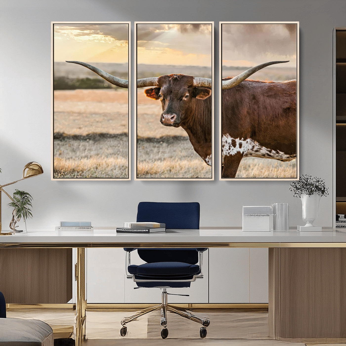 MGV-FC-48X32-3P - Texas Longhorn Wall Art Canvas Print, Rustic Ranch Decor, Majestic Western Longhorn Cattle